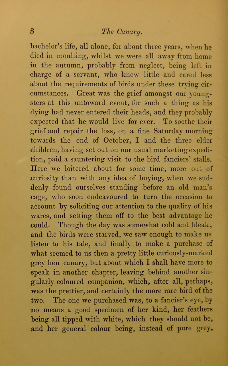 bachelor’s life, all alone, for about three years, when he (lied in moulting, whilst we were all away from home in the autumn, probably from neglect, being left in charge of a servant, who knew little and cared less about the requirements of birds under these trying cir- cumstances. Great was the grief amongst our young- sters at this untoward event, for such a thing as his dying had never entered their heads, and they probably expected that he would live for ever. To soothe their grief and repair the loss, on a fine Saturday morning towards the end of October, I and the three elder children, having set out on our usual marketing expedi- tion, paid a sauntering visit to the bird fanciers’ stalls. Here we loitered about for some time, more out of curiosity than with any idea of buying, when we sud- denly found ourselves standing before an old man’s cage, who soon endeavoured to turn the occasion to account by soliciting our attention to the quality of his wares, and setting them off to the best advantage he could. Though the day was somewhat cold and bleak, and the birds were starved, we saw enough to make us listen to his tale, and finally to make a purchase of what seemed to us then a pretty little curiously-marked grey hen canary, but about which I shall have more to speak in another chapter, leaving behind another sin- gularly coloured companion, which, after all, perhaps, was the prettier, and certainly the more rare bird of the two. The one we purchased was, to a fancier’s eye, by no means a good specimen of her kind, her feathers being all tipped with white, which they should not be, and her general colour being, instead of pure grey.