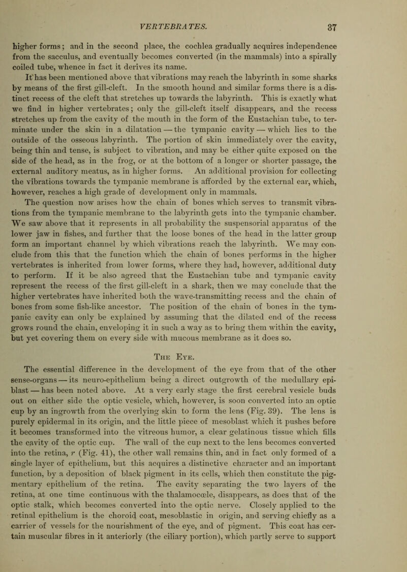 higher forms; and in the second place, the cochlea gradually acquires independence from the sacculus, and eventually becomes converted (in the mammals) into a spirally coiled tube, whence in fact it derives its name. It'has been mentioned above that vibrations may reach the labyrinth in some sharks by means of the first gill-cleft. In the smooth hound and similar forms there is a dis- tinct recess of the cleft that stretches up towards the labyrinth. This is exactly what we find in higher vertebrates; only the gill-cleft itself disappears, and the recess stretches up from the cavity of the mouth in the form of the Eustachian tube, to ter- minate under the skin in a dilatation — the tympanic cavity — which lies to the outside of the osseous labyrinth. The portion of skin immediately over the cavity, being thin and tense, is subject to vibration, and may be either quite exposed on the side of the head, as in the frog, or at the bottom of a longer or shorter j>assage, the external auditory meatus, as in higher forms. An additional provision for collecting the vibrations towards the tympanic membrane is afforded by the external ear, which, however, reaches a high grade of development only in mammals. The question now arises how the chain of bones which serves to transmit vibra- tions from the tympanic membrane to the labyrinth gets into the tympanic chamber. We saw above that it represents in all probability the suspensorial apparatus of the lower jaw in fishes, and further that the loose bones of the head in the latter group form an important channel by which vibrations reach the labyrinth. We may com elude from this that the function which the chain of bones performs in the higher vertebrates is inherited from lower forms, where they had, however, additional duty to perform. If it be also agreed that the Eustachian tube and tympanic cavity represent the recess of the first gill-cleft in a shark, then we may conclude that the higher vertebrates have inherited both the wave-transmitting recess and the chain of bones from some fish-like ancestor. The position of the chain of bones in the tym- panic cavity can only be explained by assuming that the dilated end of the recess grows round the chain, enveloping it in such a way as to bring them within the cavity, but yet covering them on every side with mucous membrane as it does so. The Eye. The essential difference in the development of the eye from that of the other sense-organs — its neuro-epithelium being a direct outgrowth of the medullary epi- blast — has been noted above. At a very early stage the first cerebral vesicle buds out on either side the optic vesicle, which, however, is soon converted into an optic cup by an ingrowth from the overlying skin to form the lens (Fig. 39). The lens is purely epidermal in its origin, and the little piece of mesoblast which it pushes before it becomes transformed into the vitreous humor, a clear gelatinous tissue which fills the cavity of the optic cup. The wall of the cup next to the lens becomes converted into the retina, r (Fig. 41), the other wall remains thin, and in fact only formed of a single layer of epithelium, but this acquires a distinctive character and an important function, by a deposition of black pigment in its cells, which then constitute the pig- mentary epithelium of the retina. The cavity separating the two layers of the retina, at one time continuous with the thalamoccele, disappears, as does that of the optic stalk, which becomes converted into the optic nerve. Closely applied to the retinal epithelium is the choroid coat, mesoblastic in origin, and serving chiefly as a carrier of vessels for the nourishment of the eye, and of pigment. This coat has cer- tain muscular fibres in it anteriorly (the ciliary portion), which partly serve to support