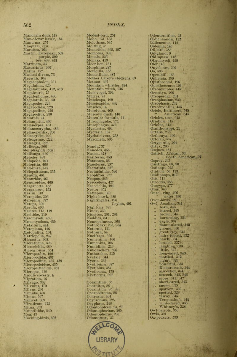 Mandarin duck 148 Man-of-war hawk, 184 Manu-ma, 257 Ma-quaai, 373 Marabou, 164 Martin, European, 509 ,, purple, 509 „ bee, 46<J, 471 Martineta, 54 Mascarinus, 360 Masius, 472 Masked divers, 73 Meewah, 104 Megacephalon, 231 Megalaima, 420 Megalaimidae, 412, 418 Megalestris, 75 Megalophonus, 486 Megalornis, 33, 40 Megapodes, 229 Megapodidaj, 229 Megapodinae, 229 Megapodius, 230 Meiornis, 44 Melampitta, 466 Melanerpes, 431 Melanocorypha, 486 Melanoperdix, 200 Meleagridae, 222 Meleagrinse, 222 Meleagris, 222 Melierax, 308 Meliphagidae, 535 Mellisuga, 450 Melodes, 497 Melopelia, 247 Melopitta, 466 Melospiza, 547 Melopsittacus, 355 Menura, 461 Menuridae, 461 Menuroideae, 460 Merganetta, 153 Mergansers, 152 Merlin, 313 Meropidae, 395 Meropinae, 397 Merops, 396 Merula, 496 Mesites, 115, 119 Mesitidae, 119 Mesorayodi, 459 Mesomyodous, 459 Metal lura, 444 Metopiana, 146 Metopidius, 104 Metriopelia, 247 Micrastur, 308 Micratliene, 328 Microcichla, 489 Microglossus, 354 Microperdix, 199 Micropodidae, 437 Micropodinae, 437, 439 Micropodoideae, 435 Micropsittacidae, 357 Micropus, 439 Middle coverts, 4 Migration, 16 Milvago, 302 Milvulus, 470 Milvus, 296 Mimida;, 507 Mimus, 507 Minivet, 509 Mire-drum, 175 Mitua, 233 Mniotiltidae, 540 Moa, 43 Mocking-birds, 507 Modest-bird, 257 Moho, 131, 535 Molothrus, 545 Molting, 4' Momotidae, 395, 397 Momotus, 398 Monals, 225 Monasa, 413 Moor hen, 131 Morplnms 287 Motacilla, 488 Motacillidae, 487 Mother Carey’s chickens, 89. Motinot, 397 Mountain whistler, 494 Mountain witch, 246 Muis-vogel, 394 Murres, 71 Muscicapa, 492 Muscicapidae, 492 Muscles, 14 Muscivora, 469 Muscovy duck, 146 Muscular formula, 14 Musophagidae, 371 Musophagus, 372 Myadestes, 494 Mycteria, 167 Myristicivora, 258 Myzomela, 535 Nandu,’ 37 Nanodes, 355 Nasica, 478 Nasiterna, 358 Natatores, 56 Nauclerus, 297 Nectarinia, 537 Nectariniidae, 536 Neophron, 277 Neopus, 285 Nesoceleus, 427 Nesocichla, 494 Nestor, 352 Nettepus, 142 Night-hawk, 389 Nightingales, 496 ,. Ceylon, 491 Night-jar, 389 Ninox, 332 Nisaetus, 281, 284 Noddies, 83 Nomopelmous, 368 Nothocrax, 233, 234 Notornis, 131 Nothura, 54 Nucifraga, 526 Numeniinoe, 106 Numenius, 106 Numidinae, 213 Nut-crackers, 526 Nuthatches, 515 Nyctale, 344 Nyctia, 335 Nyctibiinae, 387 Nyctibius, 387 Nycticorax, 178 Nyctiornis, 397 Oceanitinae, 85 Oceanites, 88 Oceanitidae, 85, 88 Oceanodroma, 88 Oclireatae, 464 Ocydromus, 128 Ocyphaps, 246 Odontoholceae, 24, 27 Odontophorinae, 205 Odontopliorus, 205 Odontormae, 23 LIBRARY Odontornithes, 23 CEdicnemidse, 112 CEdicnemus, 112 Oidemia, 146 Oil-bird, 385 Oil-gland, 9 Old squaw, 148 Oligomyodi, 459 Olor 143 Onychotes, 290 Oo, 536 Open-bill, 166 Ophrysia, 199 Opisthocomi, 196 Opistliocomus 196 Oreouympha, 445 Oreortyx, 206 Oreoperdix, 201 Oreophasinae, 232 Oreophasis, 232 Oreotrocliilus, 455 Oriole, Baltimore, 545 “ American, 544 Orioles, true, 515 Oriolidae, 515 Oriolus, 515 Ornithopappi, 21 Ortalis, 233 Orthonyx, 490 Ortolan, 547 Ortygomis, 204 Ortyx, 206 Oscines, 481 Ostrich, African, 33 ,, South American, 37 Osprey, 293 Ossifraga, 88, 90 Ostinops, 545 Otididae, 5(i, 113 Otidiphaps, 242 Otis, 113 Otocoris, 480 Otogyps, 277 Otus, 343 Ouzel, ring, 496 “ water. 496 Oven-birds' 480 Owl, Acadian, 344 ,, barn, 346 ,, barred, 345 ,, brown, 345 ,, burrowing, 324 ,, eagle, 337 ,, tlammulated, 342 ,, gnome, 330 ,, great grey, 345 ,, hairy-footed, 332 ,, hawk, 334 ,, horned, 337- ,, laughing, 333 ,, little, 327 ,, long-eared, 343 ,, mottled, 342 ,, pigmy, 329 ,, powerful, 333 „ Richardson’s, 344 ,, saw-whet, 344 ,, screech, 342, 346 ,, scops, 341, 342' ,, short-eared, 343 ' ■ ,, snowy, 335 ,, sparrow, 330 t „ spotted, 328 ,, tawny, 345 ,, Teng'malm’s, 344 ,, white-faced, 333 ,, Whitney’s, 328 Owl-parrots, 350 Owls, 321 Ox-peckers, 533