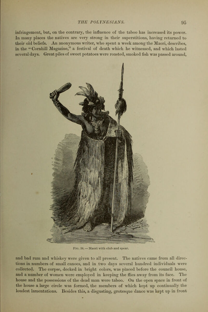 infringement, but, on the contrary, tlie influence of the taboo has increased its power. In many places the natives are very strong in their superstitions, having returned to their old beliefs. An anonymous writer, who spent a week among the Maori, describes, in the “ Cornhill Magazine,” a festival of death which he witnessed, and which lasted several days. Great piles of sweet potatoes were roasted, smoked fish was j^assed around. Fig. 56. — Maori with club and spear. and bad rum and whiskey were given to all present. Tlie natives came from all direc- tions in numbers of small canoes, and in two days several hundred individuals were collected. The corpse, decked in bright colors, was placed before the council house, and a number of women were employed in keeping the flies away from its face. The house and the possessions of the dead man were taboo. On the open space in front of the house a large circle was formed, the members of which kept up continually the loudest lamentations. Besides this, a disgusting, grotesque dance was kept up in front