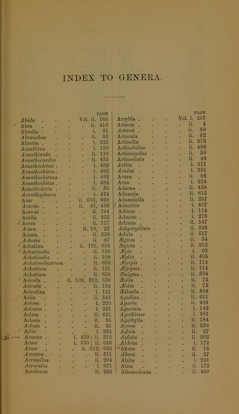 Abida PAGE Vol. ii. 168 Acrybia . Vol PAGE i. 207 Abra . ii. 410 Actajon . ii. 4 Abralia . i. 31 Actceon . ii. 80 Abranchus . ii. 83 Acteonia ii. 82 Abretia . i. 225 Actinella ii. 213 Acantbina i. 130 Actinobolus ii. 486 Acanthinula . . ii. 116 Actinocyclus . ii. 50 Acanthocardia . ii. 455 Actinodoris ii. 49 Acantbocbites . . • i. 482 Actita i. 371 A camthochiton. i. 482 A culea . i. 351 A canthochitona i. 482 Acura ii. 98 Acanthochitus . i. 482 Aeus i. 224 Acanthodoris . . ii. 56 Adacna . ii. 459 A canthopleura . i. 474 Adamsia ii. 615 Acar . ii. 535, 660 Adamsiella ii. 297 Acardo . ii. 41, 456 ' Adeorbis i. 407 Acavus . . ii. 194 Adinus . i. 114 Acella . ii. 255 Admete . i. 278 •J Acera . ii. 177 Adrana . ii. 547 Acera ii. 18, 27 Adspergill/wm . ii. 338 Acesta . . ii. 558 Adula ii. 517 A chafes . . ii. 87 iEgirea . ii. 54 * Achatina . ii. 131, 658 iEgista . ii. 212 * Achatinella . ii. 136 JEtjle i. 63 Achaiinella . ii. 109 AEglia, . ii. 495 A chaiinellaslrum . . ii. 658 AEgojns . ii. 114 Achatinus . ii. 131 AEgopsis. ii. 114 A chatium . ii. 658 iEnignia . . » ii. 564 Acicula . ii. 109, 312, 659 iEolis ii. 72 Adcula . . ii. 134 JEolis ii. 75 Acieulina i. 121 iEtberia . . ■ ii. 509 Acila . . ii. 545 Agadina . ii. 611 A done . i. 220 A garia . ii. 486 Adonea . i. 221 Agaronia i. 142 Acirsa . . ii. 621 Agathirses i. 361 Aelesia . . ii. 35 Agathylla ii. 184 Aclesie . . ii. 35 Agina, . ii. 356 - Aclis i. 234 Aglaia . ii. 27 — A cmcea . i. 459 ; ii. 312 Aglaia . ii. 203 Acme i. 330 ; ii. 656 Aidone . i. 172 Acme . ii.-312, 659 ■'Altera ii. 18 A costcea . . ii. 511 Aher a ii. 27 A crenellm . . • ii. 204 Alaba i. 241 Acroculia i. 371 Alasa ii. 172