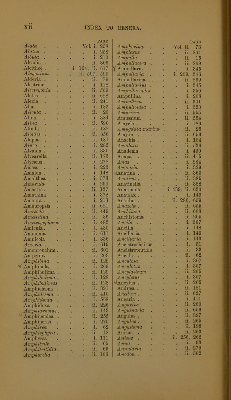 Alala Yol PAGE i. 258 Amphorvna PAGE Yol. ii. 73 Alatus . i. 258 Amplexus ii. 204 Albula . i. 210 Ampulla ii. 15 Alcadia . ii. 306 Ampullacera . ii. 269 Alcitboe . i. 164; ii. 617 Ampuliaria i. 345 Alcyonium ii. 597, 599 Ampvllaria . i. 209, 346 Alderia . ii. 79 Ampullarina . ii. 269 Alectrion i. 118 Amjmllarim . i. 345 Alectryonia ii. 569 A mpullaroides i. 350 Aletes ii. 628 Ampullina i. 208 Alexia . ii. 241 AmpuUina ii. 301 Alia i. 183 Ampulloidea . i. 350 Alicula . ii. 20 Amusium ii. 555 Alina i. 384 Amussium ii. 554 Alina ii. 590 Amycla . i. 186 Alinda . ii. 182 A mygdala manna ii. 25 Aloides . ii. 356 Amyxa . ii. 656 Alopia . ii. 181 Anacbis . i. 184 Aluco i. 285 Anadara ii. 536 Alvania . i. 330 Anadema i. 430 Alvearella ii. 173 Anapa . ii. 415 Alycseus . ii. 278 Anas i. 284 Amsea i. 223 Anatasia i. 329 Amalda . i. 148 'jAnatina . ii. 360 Amalthea i. 373 Anatina . ii. 385 Amarula i. 294 Anatinella ii. 388 Amastra. ii. 137 Anatomus i. 439; ii. 630 Amatbina i. 372 Anaulax . i. 149 Amaura . i. 213 Anaulus . ii. 286, 659 Amauropsis ii. 621 Anazola . ii. 655 Amesoda ii. 449 Anchincca ii. 608 Ametistina ii. 86 Anchistoma ii. 205 A mebrogephyrus i. 483 Andie . i. 367 Amicula. i. 480 Ancilla . i. 148 Ammonia ii. 611 Ancillaria i. 149 Amnicola i. 336 Andllaria i. 143 Amoria . ii. 619 Ancistrocheirus i. 31 Amouroncium . ii. 601 Ancistroteutbis i. 33 Ampelita ii. 203 Ancula . ii. 62 Amphibina . ii. 128 Anculosa i. 307 V Amphibola ii. 269 Anculotus i. 307 Ampbibulima . ii. 129 Ancylastrum . ii. 265 Amphibulima . ii. 128 Ancylotus i. 307 A mphibulimus ii. 128 ^Ancylus . ii. 265 Ampbicbtena . ii. 391 Andraea . ii. 181 Amphulesma . ii. 410 A nellum. ii. 627 A mphidonla . ii. 568 Angaria . i. 411 Ampbidoxa Amphidroyms. ii. 226 Any anus ii. 260 ii. 143 Anguinaria ii. 656 Amphipeplea . ii. 255 Angulus . ii. 397 Ampliiperas i. 270 Angvdrn . ii. 265 Amphirea i. 62 Angystoma ii. 198 Amphisphyra . ii. 12 Anisus . ii. 263 Ampbyssa i. Ill Anisus . ii. 256, 262 Amphitrite ii. 65 Anna i. 93 Amphitritidia. ii. 65 Annularia ii. 279 Amphorella