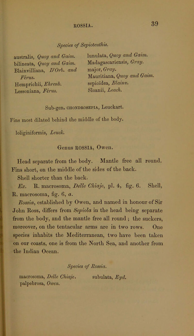 ROSSIA. Species of Sepioteuthis. australis, Quay and Gaim. bilineata, Quoy and Gaim. Blainvilliana, D'Orb. and Ferns. Hemprichii, Ehrenb. Lessoniana, Ferns. lunulata, Quoy and Gaim. Madagascariensis, Gray. major, Gray. Mauritiana, Quoy and Gaim. sepioidea, Blainv. Sloanii, Leach. Sub-gen. chondrosepia, Leuckart. Fins most dilated behind the middle of the body. loliginiformis, Leuck. Genus ROSSIA, Owen. Head separate from the body. Mantle free all round. Fins short, on the middle of the sides of the back. Shell shorter than the hack. Ex. R. macrosoma, Delle Chiaje, pi. 4, fig. 6. Shell, R. macrosoma, fig. 6, a. Rossia, established by Owen, and named in honour of Sir John Ross, differs from Sepiola in the head being separate from the body, and the mantle free all round ; the suckers, moreover, on the tentacular arms are in two rows. One species inhabits the Mediterranean, two have been taken on our coasts, one is from the North Sea, and another from the Indian Ocean. Species of Rossia. macrosoma, Delle Chiaje. subulata, Eyd. palpebrosa, Owen.