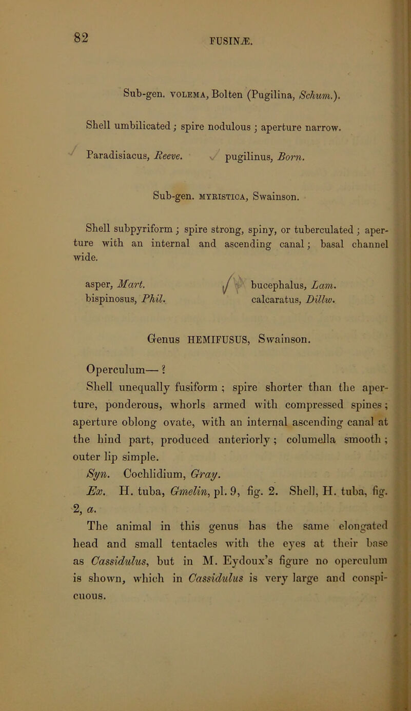 Sub-gen. volema, Bolten (Pugilina, Schum.). Shell umbilicated; spire nodulous ; aperture narrow. Paradisiacus, Reeve. v pugilinus, Born. Sub-gen. myristica, Swainson. Shell subpyriform ; spire strong, spiny, or tuberculated ; aper- ture with an internal and ascending canal; basal channel wide. asper. Mart. (y bucephalus, Lam. bispinosus, Phil. calcaratus, Dillw. Genus HEMIFUSUS, Swainson. Operculum— ? Shell unequally fusiform ; spire shorter than the aper- ture, ponderous, whorls armed with compressed spines; aperture oblong ovate, with an internal ascending canal at the hind part, produced anteriorly; columella smooth; outer lip simple. Syn. Cochlidium, Gray. Ex. H. tuba, Gmelin, pi. 9, fig. 2. Shell, H. tuba, fig. 2, a. The animal in this genus has the same elongated head and small tentacles with the eyes at their base as Cassiduhis, but in M. Eydoux’s figure no operculum is shown, which in Cassidulus is very large and conspi- cuous.