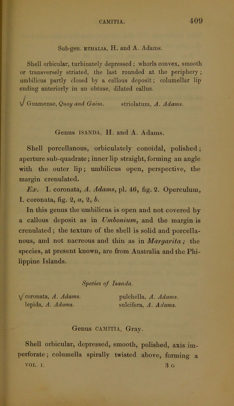 Sub-gen. ethalia, H. and A. Adams. Shell orbicular, turbinately depressed ; whorls convex, smooth or transversely striated, the last rounded at the periphery; umbilicus partly closed by a callous deposit; columellar lip ending anteriorly in an obtuse, dilated callus. 1 Guamense, Quoy and Gaim. striolatum, A. Adams. Genus ISANDA, H. and A. Adams. Shell porcellanous, orbiculately conoidal, polished; aperture sub-quadrate; inner lip straight, forming an angle with the outer lip; umbilicus open, perspective, the margin crenulated. Ex. I. coronata, A. Adams, pi. 46, fig. 2. Operculum, I. coronata, fig. 2, a, 2, b. In this genus the umbilicus is open and not covered by a callous deposit as in Umbonium, and the margin is crenulated; the texture of the shell is solid and porcella- nous, and not nacreous and thin as in Margarita; the species, at present known, are from Australia and the Phi- lippine Islands. Species of Isanda. \ coronata, A. Adams. lepida, A. Adams. pulchella, A. Adams. sulcifera, A. Adams. Genus CAMITIA, Gray. Shell orbicular, depressed, smooth, polished, axis im- perforate ; columella spirally twisted above, forming a 3 o VOL. I.