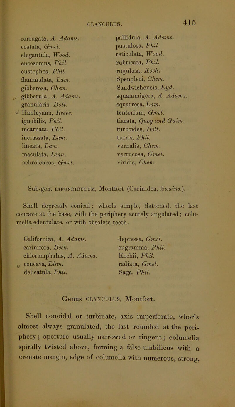 CLANCULUS. corrugata, A. Adams. pallidula, A. Adams. costata, Gmel. pustulosa, Phil. elegautula, Wood. reticulata, Wood. eucosomus, Phil. rubricata, Phil. eustephes, Phil. rugulosa, Koch. flamruulata, Lam. Spengleri, Chem. gibberosa, Chem. Sandwichensis, Eyd. /■ gibberula, A. Adams. squammigera, A. Adams. granularis, Bolt. squarrosa, Lam. Hanleyana, Peeve. tentorium, Gmel. ignobilis, Phil. tiarata, Quoy and Gaim. incarnata, Phil. turboides, Bolt. incrassata, Lam. turris, Phil. lineata, Lam. vernalis, Chem. maculata, Linn. verrucosa, Gmel. ochroleucos, Gmel. viridis, Chem. Sub-gen. infundibulum, Montfort (Carinidea, Swains.). Shell depressly conical; whorls simple, flattened, the last concave at the base, with the periphery acutely angulated; colu- mella edentulate, or with obsolete teeth. Californica, A. Adams. depressa, Gmel. carinifera, Beck. eugramma, Phil. chloromphalus, A. Adams. Kochii, Phil. u concava, Linn. radiata, Gmel. delicatula, Phil. Saga, Phil. Genus CLANCULUS, Montfort. Shell conoidal or turbinate, axis imperforate, whorls almost always granulated, the last rounded at the peri- phery ; aperture usually narrowed or ringent; columella spirally twisted above, forming a false umbilicus with a crenate margin, edge of columella with numerous, strong,