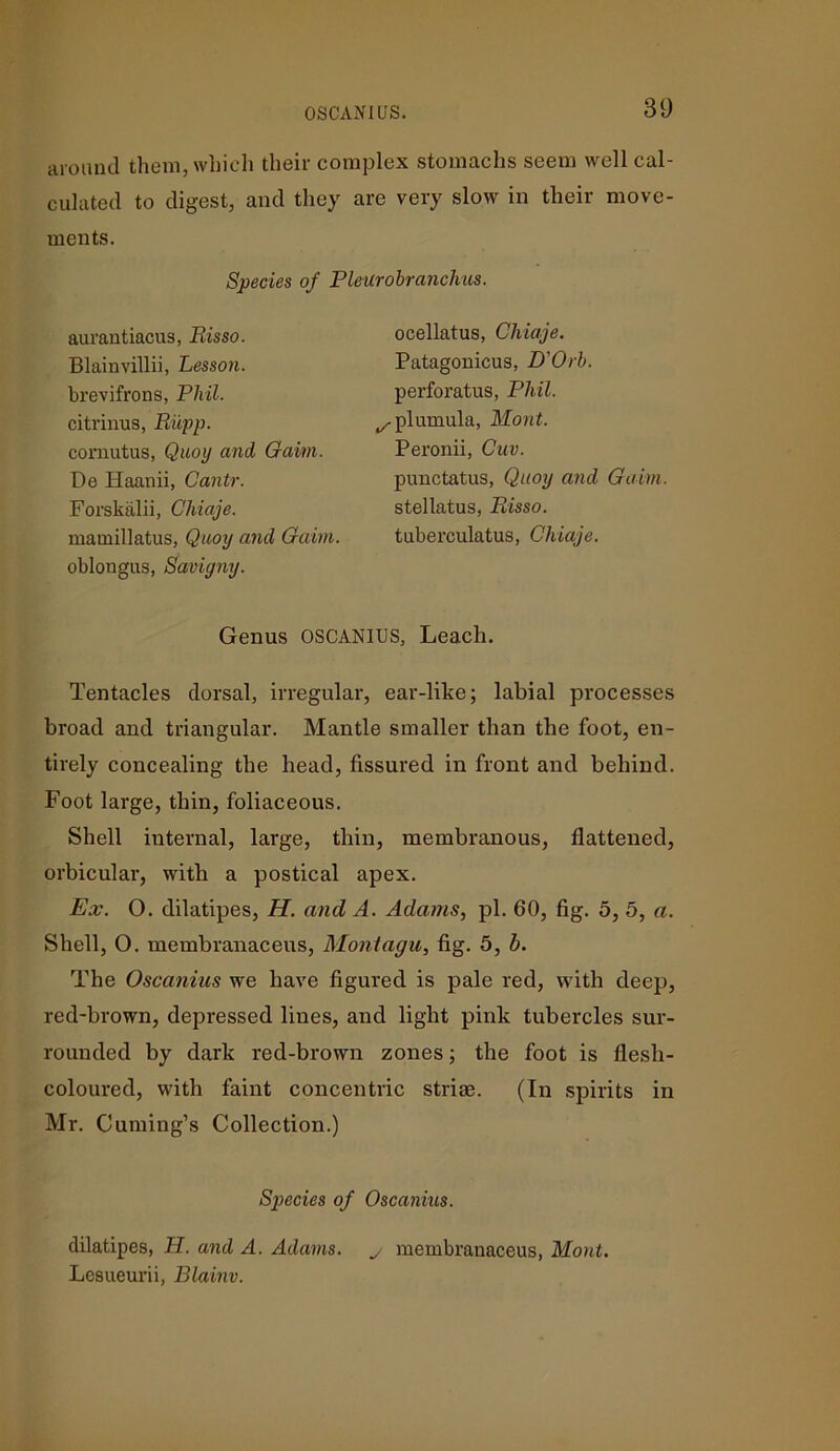 OSCANIUS. around them, which their complex stomachs seem well cal- culated to digest, and they are very slow in their move- ments. Species of Pleurobranclms. aurantiacus, Risso. Blainvillii, Lesson. brevifrons, Phil. citrinus, Rupp. comutus, Quoy and Gaim. De Haanii, Cantr. Forskfilii, Chiaje. mamillatus, Quoy and Gaim. oblongus, Savigny. ocellatus, Chiaje. Patagonicus, D'Orb. perforatus, Phil. ^plumula, Mont. Peronii, Cuv. punctatus, Quoy and Gaim. stellatus, Risso. tuberculatus, Chiaje. Genus OSCANIUS, Leach. Tentacles dorsal, irregular, ear-like; labial processes broad aud triangular. Mantle smaller than the foot, en- tirely concealing the head, fissured in front and behind. Foot large, thin, foliaceous. Shell internal, large, thin, membranous, flattened, orbicular, with a postical apex. Ex. O. dilatipes, H. and A. Adams, pi. 60, fig. 5, 5, a. Shell, O. membranaceus, Montagu, fig. 5, h. The Oscanius we have figured is pale red, with deep, red-brown, depressed lines, and light pink tubercles sur- rounded by dark red-brown zones; the foot is flesh- coloured, with faint concentric striae. (In spirits in Mr. Cuming’s Collection.) Species of Oscanius. dilatipes, II. and A. Adams, y membranaceus, Mont. Lesueurii, Blainv.