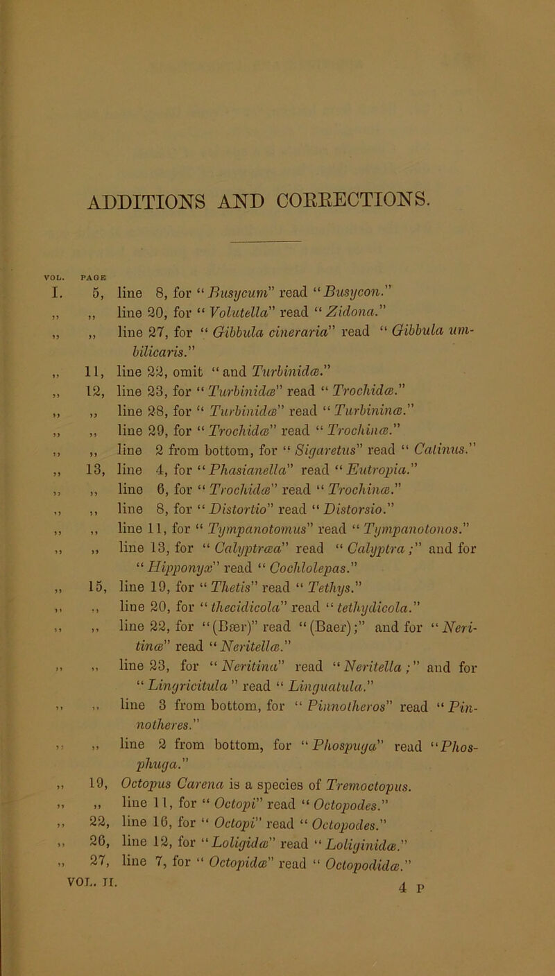 ADDITIONS AND COEEECTIONS. PAGE 5, line 8, for “ Busycum read “Busycon. ,, line 20, for “ Volutella read “ Zidona. ,, line 27, for “ Gibbula cineraria read “ Gibbula um- bilicaris. 11, line 22, omit “and Turbinidce. 12, line 23, for “ Turbinidce read “ Trocliidce. „ line 28, for “ Turbinidce read “ Turbinince ,, line 29, for “ Trocliidce” read “ Trochince. ,, line 2 from bottom, for “ Sigaretus” read “ Calinus. 13, line 4, for “ Phasianella read “ Eutropia. ,, line 6, for “ Trocliidce” read “ Trochince. ,, line 8, for “ Distortio read “ Distorsio. ,, line 11, for “ Tympanotomus” read “ Tympanotonos. ,, line 13, for “ Calyptrcea read “ Galyptraand for “ Hipponyx read “ Cochlolepas. 15, line 19, for “ Thetis” read “ Tethys liue 20, for “ tliecidicola” read “ tethydicola.” ,, line 22, for “(Beer)” read “(Baer);” and for “ Neri- tince” read “ Neritellce. „ line 23, for “ Neritina” read “ Neritella and for “ Lingricitula ” read “ Linguatida. „ line 3 from bottom, for “ Pinnolheros read “ Pin- notheres. „ line 2 from bottom, for “ Phospuya read “Phos- phuga. 19, Octopus Carenci is a species of Tremoctopus. „ line 11, for “ Octopi read “ Octopodes.” 22, line 16, for “ Octopi read “ Octopodes. 20, line 12, for “ Loligidce read “ Loliginidce. 27, line 7, for “ Octopidce read “ Octopodidce.”