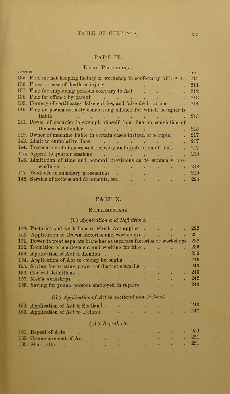 PAET IX. Legal Pboceedings. SECTIOK. 135. Fine for not keeping factory or workshop in conformity with Act 136. Fines in case of death or injury ...... 137. Fine for employing persons contrary to Act .... 138. Fine for offence by parent ....... 139. Forgery of certificates, false entries, and false declarations . 140. Fine on person actually committing offence for which occupier is liable .......... 141. Power of occupier to exempt himself from fine on conviction of the actual offender ........ 142. Owner of machine liable in certain cases instead of occupier 143. Limit to cumulative fines ....... 144. Prosecution of offences and recovery and application of fines 145. Appeal to quarter sessions ....... 146. Limitation of time and general provisions as to summary pro- ceedings .......... 147. Evidence in summary proceedings ...... 148. Service of notices and documents, etc. ..... PART X. Supplementary. (i.) Application and Definitions. 149. Factories and workshops to which Act applies .... 150. Application to Crown factories and workshops .... 151. Power to treat separate branches as separate factories or workshops 152. Definition of employment and working for hire .... 153. Application of Act to London ....... 154. Application of Act to county boroughs ..... 155. Saving for existing powers of district councils .... 156. General definitions 157. Men’s workshops 158. Saving for young persons employed in repairs .... (ii.) Application of Act to Scotland and Ireland. 159. Application of Act to Scotland 160. Application of Act to Ireland (iii.) Repeal, etc. 161. Repeal of Acts 162. Commencement of Act ....•••• 163. Short title ....•••••• XV PAGE 210 211 212 213 214 215 215 217 217 217 218 218 219 220 222 231 232 236 239 240 240 240 242 243 243 247 250 251