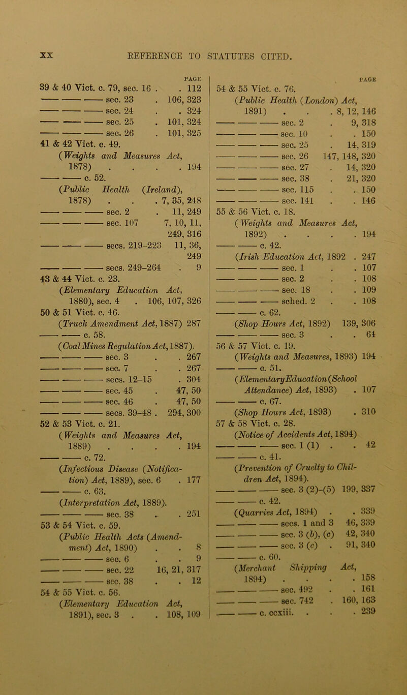 89 & 40 Viet. c. 79, sec. 16 . PAGE . 112 sec. 23 106, 323 sec. 24 . 324 sec. 25 101, 324 sec. 26 101, 325 41 & 42 Viet. c. 49. (Weights and Measures Act, 1878) c. 52. . 104 (Public Health (Ireland), 1878) 7, 35, 248 sec. 2 11, 249 sec. 107 7, 10, 11, 249, 316 secs. 219-223 11, 36, 249 secs. 249-264 . 9 43 & 44 Viet. c. 23. (^Elementary Education Act, 1880), sec. 4 . 106, 107, 326 50 & 51 Viet. c. 46. (Truck Amendment Act, 1887) 287 c. 58. (CoalMines Regulation Act, 1887). —— sec. 3 . . 267 sec. 7 . . 267 secs. 12-15 . 304 sec. 45 . 47, 50 sec. 46 . 47, 50 secs. 39-48 . 294, 300 52 & 53 Viet. c. 21. (Weights and Measures Act, 1889) . . . .194 c. 72. (Infectious Disease (Notifica- tion) Act, 1889), sec. 6 . 177 c. 63. (Interpretation Act, 1889). sec. 38 .. . 251 53 & 54 Viet. c. 59. (Public Health Acts (Amend- ment) Act, 1890) . . 8 ■ sec. 6 . . 9 sec. 22 16, 21, 317 sec. 38 . .12 54 & 55 Viet. c. 56. (Elementary Education Act, 1891), sec. 3 . . 108, 109 PAGE 54 & 55 Viet. c. 76. (Public Health (London) Act, 1891) . . .8, 12, 146 sec. 2 . 9, 318 sec. 10 . . 150 sec. 25 . 14, 319 sec. 26 147, 148, 320 sec. 27 .14, 320 sec. 38 . 21, 320 ■ sec. 115 . . 150 sec. 141 . . 146 55 & 56 Viet. c. 18. (Weights and Measures Act, 1892) . . . .194 c. 42. (Irish Education Act, 1892 . 247 sec. 1 . . 107 sec. 2 . . 108 sec. 18 . . 109 sched. 2 . . 108 c. 62. (Shop Hours Act, 1892) 139, 306 sec. 3 . . 64 56 & 57 Viet. c. 19. (Weights and Measures, 1893) 194 c. 51. (ElementaryEducation (School Attendance) Act, 1893) . 107 c. 67. (Shop Hours Act, 1893) . 310 57 & 58 Viet. c. 28. (Notice of Accidents Act, 1894) sec. 1 (1) . . 42 c. 41. (Prevention of Cruelty to Chil- dren Act, 1894). sec. 3 (2) (5) 199, 337 c. 42. (Quarries .dcf, 1804) . 330 secs. 1 and 3 46, 339 sec. 3 (b), (c) 42, 340 sec. 3 (c) 91, .340 c. 60. (Merchant Shipping Act, 1894) . 158 sec. 4ft2 . 161 sec. 742 160, 163 c. ccxiii. . 239