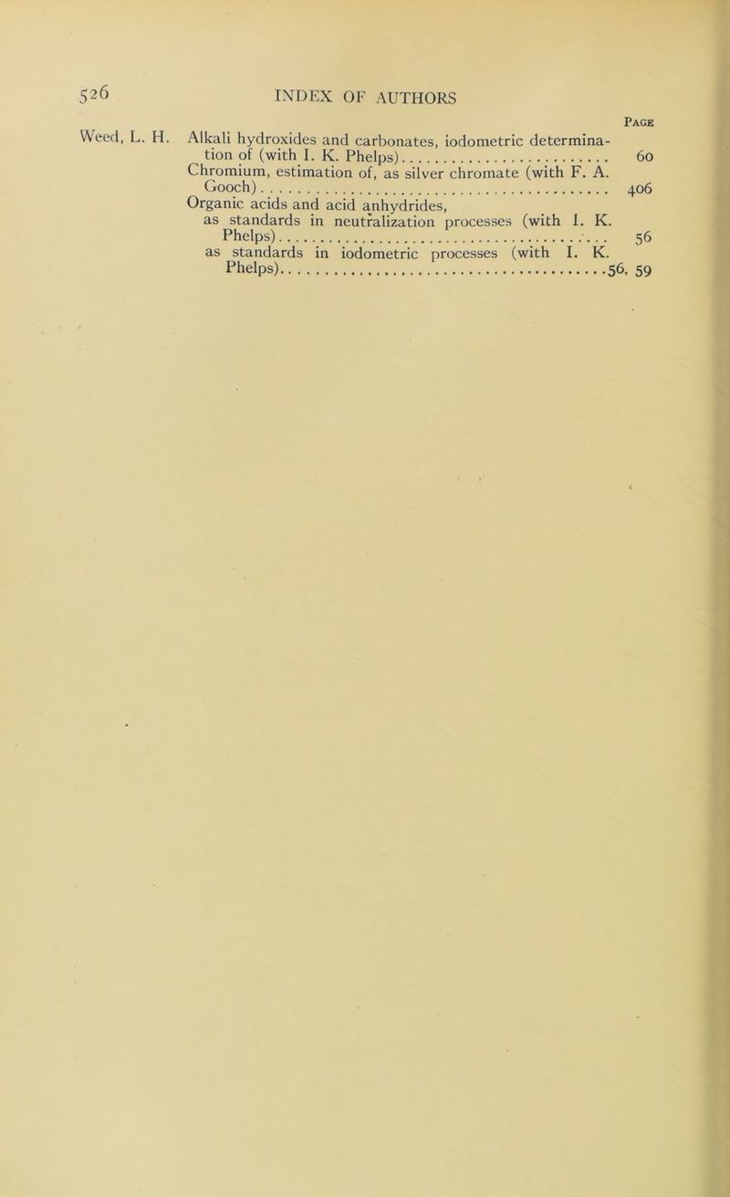 Page Weed, L. H. Alkali hydroxides and carbonates, iodometric determina- tion of (with I. K. Phelps) 60 Chromium, estimation of, as silver chromate (with F. A. Gooch) 406 Organic acids and acid anhydrides, as standards in neutralization processes (with I. K. Phelps) 56 as standards in iodometric processes (with I. K. Phelps) 5C 59