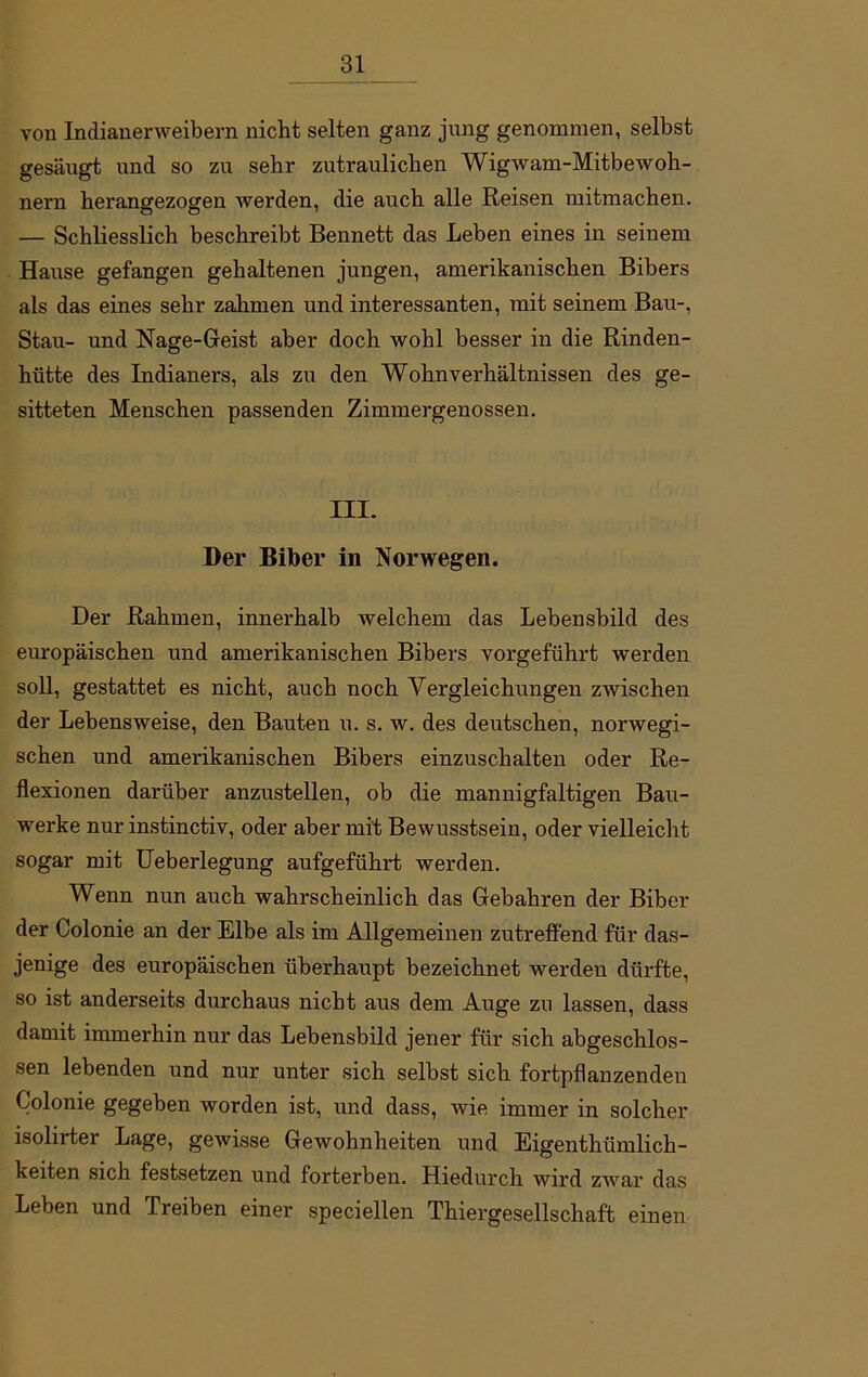 von Indianerweibern nicht selten ganz jung genommen, selbst gesäugt und so zu sehr zutraulichen Wigwam-Mitbewoh- nern herangezogen werden, die auch alle Reisen mitmachen. — Schliesslich beschreibt Bennett das Leben eines in seinem Hause gefangen gehaltenen jungen, amerikanischen Bibers als das eines sehr zahmen und interessanten, mit seinem Bau-, Stau- und Nage-Geist aber doch wohl besser in die Rinden- hütte des Indianers, als zu den Wohnverhältnissen des ge- sitteten Menschen passenden Zimmergenossen. III. Der Biber in Norwegen. Der Rahmen, innerhalb welchem das Lebensbild des europäischen und amerikanischen Bibers vorgeführt werden soll, gestattet es nicht, auch noch Vergleichungen zwischen der Lebensweise, den Bauten u. s. w. des deutschen, norwegi- schen und amerikanischen Bibers einzuschalten oder Re- flexionen darüber anzustellen, ob die mannigfaltigen Bau- werke nur instinctiv, oder aber mit Bewusstsein, oder vielleicht sogar mit Ueberlegung aufgeführt werden. Wenn nun auch wahrscheinlich das Gebahren der Biber der Colonie an der Elbe als im Allgemeinen zutreffend für das- jenige des europäischen überhaupt bezeichnet werden dürfte, so ist anderseits durchaus nicht aus dem Auge zu lassen, dass damit immerhin nur das Lebensbild jener für sich abgeschlos- sen lebenden und nur unter sich selbst sich fortpflanzenden Colonie gegeben worden ist, und dass, wie immer in solcher isolirter Lage, gewisse Gewohnheiten und Eigentümlich- keiten sich festsetzen und forterben. Hiedurch wird zwar das Leben und Treiben einer speciellen Thiergesellschaft einen