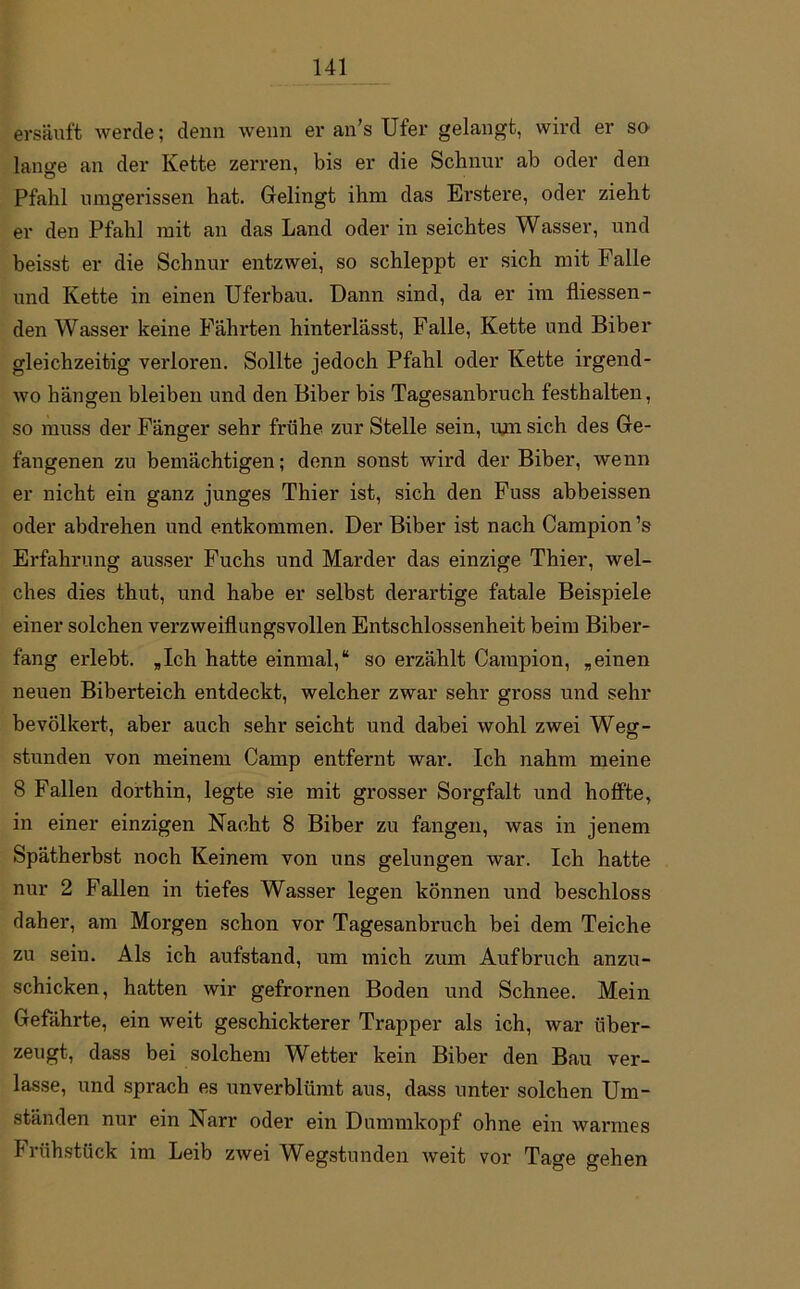ersäuft werde; denn wenn er an’s Ufer gelangt, wird er so lange an der Kette zerren, bis er die Schnur ab oder den Pfahl umgerissen hat. Gelingt ihm das Erstere, oder zieht er den Pfahl mit an das Land oder in seichtes Wasser, und beisst er die Schnur entzwei, so schleppt er sich mit Falle und Kette in einen Uferbau. Dann sind, da er im fliessen- den Wasser keine Fährten hinterlässt, Falle, Kette und Biber gleichzeitig verloren. Sollte jedoch Pfahl oder Kette irgend- wo hängen bleiben und den Biber bis Tagesanbruch festhalten, so muss der Fänger sehr frühe zur Stelle sein, um sich des Ge- fangenen zu bemächtigen; denn sonst wird der Biber, wenn er nicht ein ganz junges Thier ist, sich den Fuss abbeissen oder abdrehen und entkommen. Der Biber ist nach Campion ’s Erfahrung ausser Fuchs und Marder das einzige Thier, wel- ches dies thut, und habe er selbst derartige fatale Beispiele einer solchen verzweiflungsvollen Entschlossenheit beim Biber- fang erlebt. „Ich hatte einmal,“ so erzählt Campion, „einen neuen Biberteich entdeckt, welcher zwar sehr gross und sehr bevölkert, aber auch sehr seicht und dabei wohl zwei Weg- stunden von meinem Camp entfernt war. Ich nahm meine 8 Fallen dorthin, legte sie mit grosser Sorgfalt und hoffte, in einer einzigen Nacht 8 Biber zu fangen, was in jenem Spätherbst noch Keinem von uns gelungen war. Ich hatte nur 2 Fallen in tiefes Wasser legen können und beschloss daher, am Morgen schon vor Tagesanbruch bei dem Teiche zu sein. Als ich aufstand, um mich zum Aufbruch anzu- schicken, hatten wir gefrornen Boden und Schnee. Mein Gefährte, ein weit geschickterer Trapper als ich, war tiber- zeugt, dass bei solchem Wetter kein Biber den Bau ver- lasse, und sprach es unverblümt aus, dass unter solchen Um- ständen nur ein Narr oder ein Dummkopf ohne ein warmes Frühstück im Leib zwei Wegstunden weit vor Tage gehen