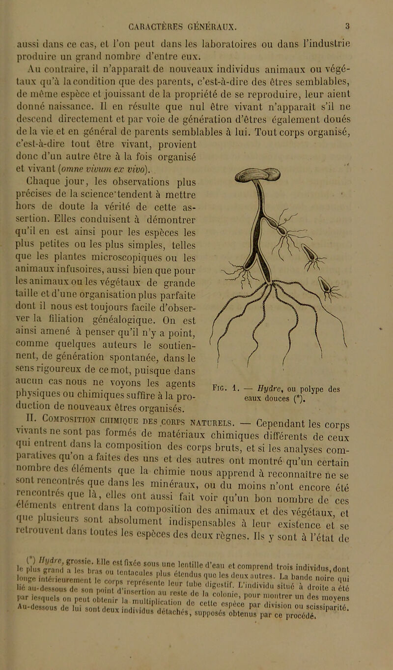 aussi dans ce cas, el l’on peut dans les laboratoires ou dans l’industrie produire un grand nombre d’entre eux. Au contraire, il n’apparaît de nouveaux individus animaux ou végé- taux qu’à lacondition que des parents, c’est-à-dire des ôtres semblables, de meme espèce et jouissant de la propriété de se reproduire, leur aient donné naissance. Il en résulte que nul être vivant n’apparaît s’il ne descend directement et par voie de génération d’êtres également doués delà vie et en général de parents semblables à lui. Tout corps organisé, c’est-à-dire tout être vivant, provient donc d’un autre être à la fois organisé et vivant (omne vivum ex vivo). Chaque jour, les observations plus précises de la science’tendent à mettre hors de doute la vérité de cette as- sertion. Elles conduisent à démontrer qu’il en est ainsi pour les espèces les plus petites ou les plus simples, telles animaux infusoires, aussi bien que pour les animaux ou les végétaux de grande taille et d’une organisation plus parfaite dont il nous est toujours facile d’obser- ver la fdiation généalogique. On est ainsi amené à penser qu’il n’y a point, comme quelques auteurs le soutien- nent, de génération spontanée, dans le sens rigoureux de ce mot, puisque dans aucun cas nous ne vnvnnc loc nrrontï que les plantes microscopiques ou les