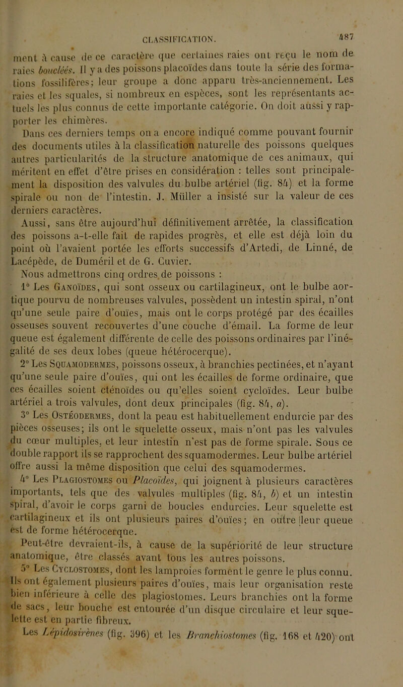 mont à cause de ce caractère que certaines raies ont reçu le nom de raies bouclées. 11 y a des poissons placoïdes dans loule la série des forma- tions fossilifères; leur groupe a donc apparu très-anciennement. Les raies et les squales, si nombreux en espèces, sont les représentants ac- tuels les plus connus de celLe importante catégorie. On doit aussi y rap- porter les chimères. Dans ces derniers temps on a encore indiqué comme pouvant fournir des documents utiles à la classification naturelle des poissons quelques autres particularités de la structure anatomique de ces animaux, qui méritent en effet d’être prises en considération : telles sont principale- ment la disposition des valvules du bulbe artériel (lig. SU) et la forme spirale ou non de l’intestin. J. Millier a insisté sur la valeur de ces derniers caractères. Aussi, sans être aujourd’hui définitivement arrêtée, la classification des poissons a-t-elle fait de rapides progrès, et elle est déjà loin du point où l’avaient portée les efforts successifs d’Artedi, de Linné, de Lacépède, de Duméril et de G. Cuvier. Nous admettrons cinq ordres de poissons : 1° Les Ganoïdes, qui sont osseux ou cartilagineux, ont le bulbe aor- tique pourvu de nombreuses valvules, possèdent un intestin spiral, n’ont qu’une seule paire d’ouïes, mais ont le corps protégé par des écailles osseuses souvent recouvertes d’une couche d’émail. La forme de leur queue est également différente de celle des poissons ordinaires par l’iné- galité de ses deux lobes (queue hétérocerque). 2° Les Squajiodermes, poissons osseux, à branchies pectinées, et n’ayant qu’une seule paire d’ouïes, qui ont les écailles de forme ordinaire, que ces écailles soient cténoïdes ou qu’elles soient cycloïdes. Leur bulbe artériel a trois valvules, dont deux principales (fig. SU, a). 3° Les Ostéodermes, dont la peau est habituellement endurcie par des pièces osseuses; ils ont le squelette osseux, mais n’ont pas les valvules du cœur multiples, et leur intestin n’est pas de forme spirale. Sous ce double rapport ils se rapprochent dessquamodermes. Leur bulbe artériel oflre aussi la même disposition que celui des squamodermes. U° Les Plagiostomes ou Placoïdes, qui joignent à plusieurs caractères importants, tels que des valvules multiples (fig. SU, b) et un intestin spiral, d avoir le corps garni de boucles endurcies. Leur squelette est cartilagineux et ils ont plusieurs paires d’ouïes; en outre [leur queue est de forme hétérocerque. Peut-être devraient-ils, à cause de la supériorité de leur structure anatomique, être classés avant tous les autres poissons. 5° Les Cyclostomes, dont les lamproies forment le genre le plus connu. Ils ont également plusieurs paires d’ouïes, mais leur organisation reste bien inferieure à celle des plagiostomes. Leurs branchies ont la forme de sacs, leur bouche est entourée d’un disque circulaire et leur sque- lette est en partie fibreux. Les Lépidosir'enes (fig. 396) et les Branchiostomes (fig. 168 et G20) ont
