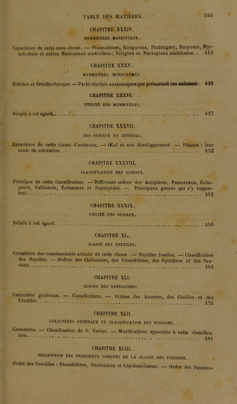 CHAPITRE XXXIV. MAMMIFÈRES MARSUPIAUX. Caractères de cette sous-classe. — Phascolomes, Kangurous, Plialangers, Dasyures, Myr- mécobics et autres Marsupiaux australiens; Sarigues ou Marsupiaux américains.. 414 CHAPITRE XXXV. MAMMIFÈRES MONOTRÈMES. Échidnô et Ornithorhynque.— Particularités anatomiques que présentent ces animaux. 424 CHAPITRE XXXVI. UTILITÉ DES MAMMIFÈRES. Détails à cet égard 427 CHAPITRE XXXVII. DES OISEAUX EN GÉNÉRAL. Caractères de cette classe d’animaux. — Œuf et son développement. — Plumes : leur mode de coloration ..7........ 432 CHAPITRE XXXVIII. CLASSIFICATION DES OISEAUX. Principes de cette classification. — Différents ordres des Accipilres, Passereaux, Grim- peurs, Gallinacés, Échassiers et Palmipèdes. — Principaux genres qui s’y rappor- tent . 442 CHAPITRE XXXIX. UTILITÉ DES OISEAUX. Détails à cet égard 459 CHAPITRE XL. CLASSE DES REPTILES. Caractères des représentants actuels de cette classe. — Reptiles fossiles. — Classification des Reptiles. — Ordres des Chéloniens, des Crocodiliens, des Ophidiens et des Sau- r'ens 4G4 CHAPITRE XLI. CLASSE DES BATRACIENS. Caractères généraux. — Classification. — Ordres des Anoures, des Cécilies et des Urodèles /l75 CHAPITRE XLII. CARACTÈRES GÉNÉRAUX ET CLASSIFICATION DES POISSONS. Caractères. Classification de G. Cuvier. — Modifications apportées à cette classifica- CHAPITRF, XLIII. DESCRIPTION DES PRINCIPAUX GROUPES DE LA CLASSE DES POISSONS. Ordre des Ganoïdes : Rhombifères, Sturionicns et Lépidosiréniens. — Ordre des Squamo