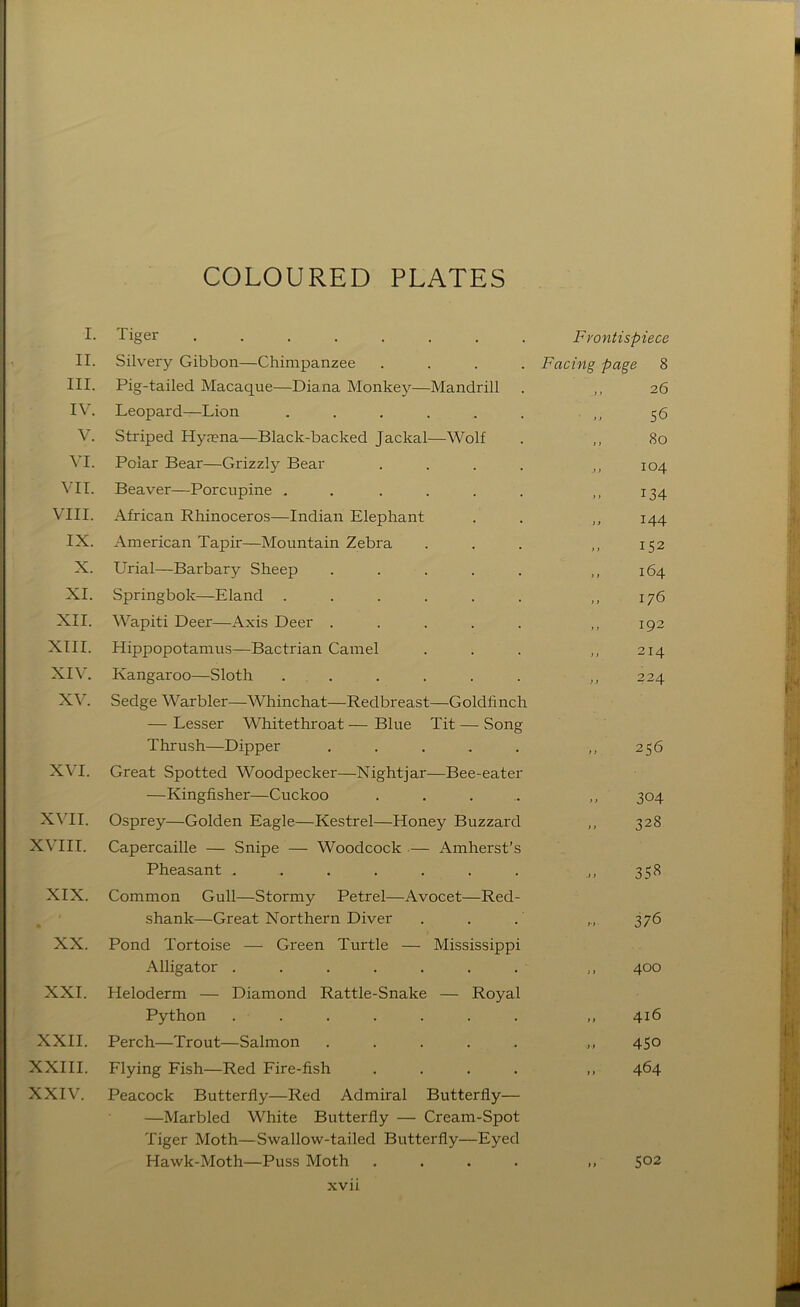 COLOURED PLATES I. Tiger Frontispiece II. Silvery Gibbon—Chimpanzee .... Facing page 8 III. Pig-tailed Macaque—Diana Monkey—Mandrill 26 IV. Leopard—Lion ...... 56 V. Striped Hynena—Black-backed Jackal—Wolf ,, 80 VI. Polar Bear—Grizzly Bear .... ,, 104 VII. Beaver—Porcupine . . .... .. 134 VIII. African Rhinoceros—Indian Elephant 144 IX. American Tapir—Mountain Zebra 152 X. Urial—Barbary Sheep ..... ,, 164 XI. Springbok—Eland ...... ,, 176 XII. Wapiti Deer—Axis Deer ..... 192 XIII. Hippopotamus—Bactrian Camel ,, 214 XIV. Kangaroo—Sloth ...... 224 X\. Sedge Warbler—Whinchat—Redbreast—Goldlinch — Lesser Whitethroat — Blue Tit — Song Thrush—Dipper ..... M 256 XVI. Great Spotted Woodpecker—Nightjar—Bee-eater —Kingfisher—Cuckoo .... .. 304 XVII. Osprey—Golden Eagle—Kestrel—Honey Buzzard 328 XVIII. Capercaille — Snipe — Woodcock — Amherst’s Pheasant ....... 35« XIX. Common Gull—Stormy Petrel—Avocet—Red- shank—Great Northern Diver » 376 XX. Pond Tortoise — Green Turtle — Mississippi -\lligator . ,, 400 XXL Heloderm — Diamond Rattle-Snake — Royal Python ....... „ 416 XXII. Perch—Trout—Salmon ..... 450 XXIII. Flying Fish—Red Fire-fish .... 464 XXIV. Peacock Butterfly—Red Admiral Butterfly— —Marbled White Butterfly — Cream-Spot Tiger Moth—Swallow-tailed Butterfly—Eyed Hawk-Moth—Puss Moth .... „ 502 xvu