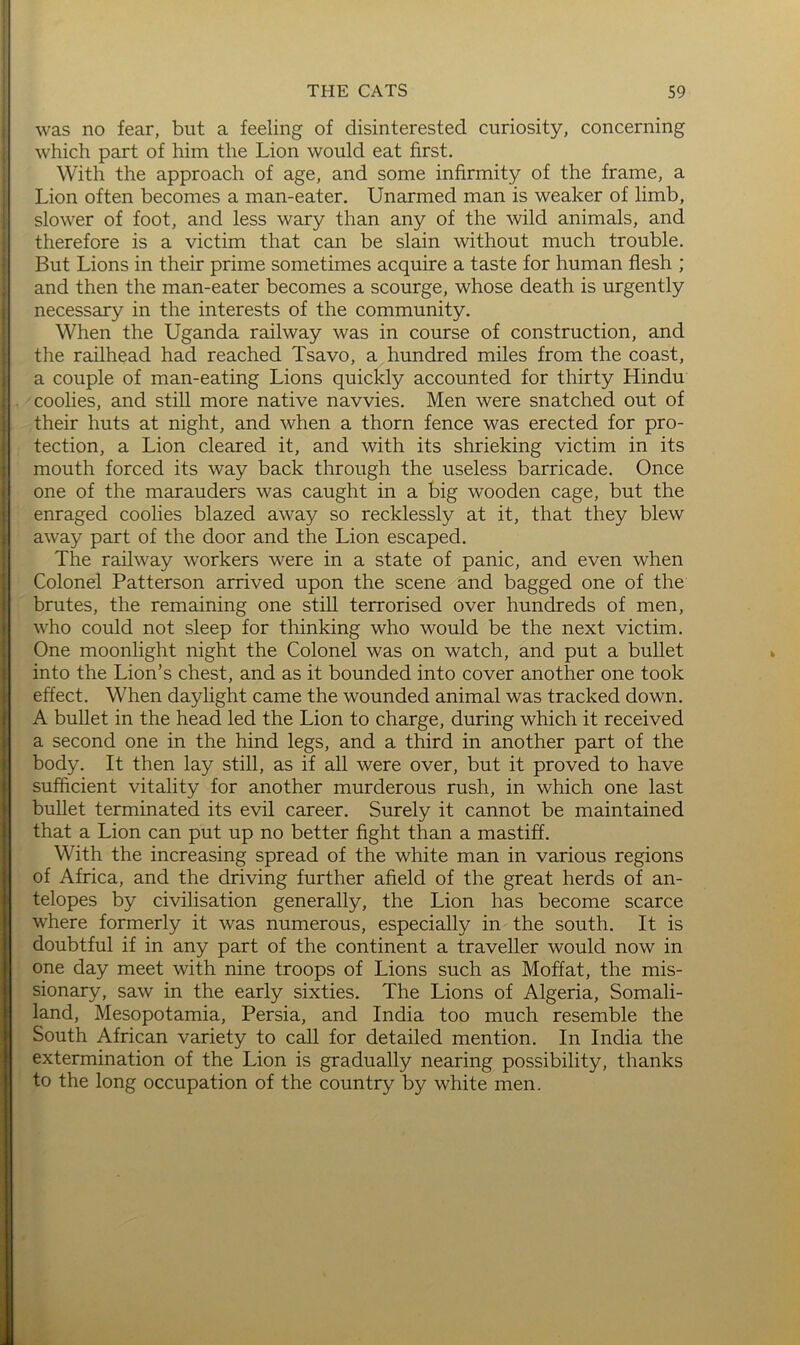 I I was no fear, but a feeling of disinterested curiosity, concerning I which part of him the Lion would eat first. i With the approach of age, and some infirmity of the frame, a Lion often becomes a man-eater. Unarmed man is weaker of limb, slower of foot, and less wary than any of the wild animals, and therefore is a victim that can be slain without much trouble. But Lions in their prime sometimes acquire a taste for human flesh ; and then the man-eater becomes a scourge, whose death is urgently necessary in the interests of the community. When the Uganda railway was in course of construction, and the railhead had reached Tsavo, a hundred miles from the coast, a couple of man-eating Lions quickly accounted for thirty Hindu . coolies, and still more native navvies. Men were snatched out of their huts at night, and when a thorn fence was erected for pro- tection, a Lion cleared it, and with its shrieking victim in its mouth forced its way back through the useless barricade. Once one of the marauders was caught in a big wooden cage, but the enraged coolies blazed away so recklessly at it, that they blew away part of the door and the Lion escaped. The railway workers were in a state of panic, and even when Colonel Patterson arrived upon the scene and bagged one of the brutes, the remaining one still terrorised over hundreds of men, who could not sleep for thinking who would be the next victim. One moonlight night the Colonel was on watch, and put a bullet into the Lion’s chest, and as it bounded into cover another one took effect. When daylight came the wounded animal was tracked down. A bullet in the head led the Lion to charge, during which it received a second one in the hind legs, and a third in another part of the body. It then lay still, as if all were over, but it proved to have sufficient vitality for another murderous rush, in which one last bullet terminated its evil career. Surely it cannot be maintained that a Lion can put up no better fight than a mastiff. With the increasing spread of the white man in various regions of Africa, and the driving further afield of the great herds of an- telopes by civilisation generally, the Lion has become scarce where formerly it was numerous, especially in the south. It is doubtful if in any part of the continent a traveller would now in one day meet with nine troops of Lions such as Moffat, the mis- sionary, saw in the early sixties. The Lions of Algeria, Somali- land, Mesopotamia, Persia, and India too much resemble the South African variety to call for detailed mention. In India the extermination of the Lion is gradually nearing possibility, thanks to the long occupation of the country by white men.