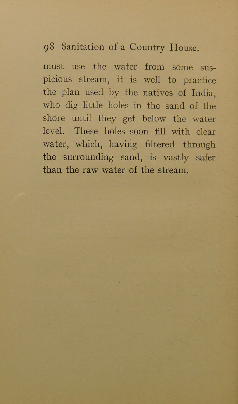 must use the water from some sus- picious stream, it is well to practice the plan used by the natives of India, who dig little holes in the sand of the shore until they get below the water level. These holes soon fill with clear water, which, having filtered through the surrounding sand, is vastly safer than the raw water of the stream.