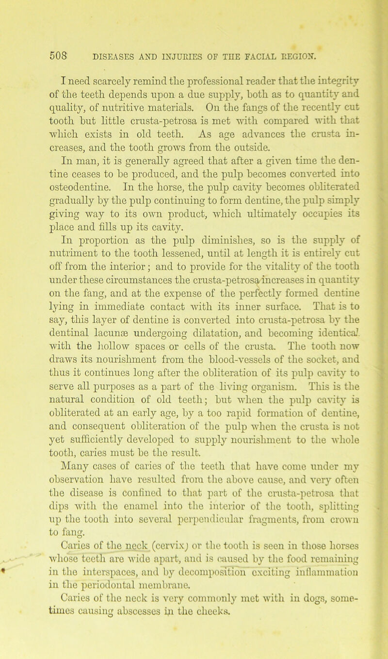 I need scarcely remind tlie professional reader that the integrity of the teeth depends upon a due supply, both as to quantity and quality, of nutritive materials. On the fangs of the recently cut tooth hut little crusta-petrosa is met with compared with that which exists in old teeth. As age advances the crusta in- creases, and the tooth grows from the outside. In man, it is generally agreed that after a given time the den- tine ceases to he produced, and the pulp becomes converted into osteodentine. In the horse, the pulp cavity becomes obliterated gradually by the pulp continuing to form dentine, the pulp simply giving way to its own product, which ultimately occupies its place and fills up its cavity. In proportion as the pulp diminishes, so is the supply of nutriment to the tooth lessened, until at length it is entirely cut off from the interior; and to provide for the vitality of the tooth under these circumstances the crusta-petrosa increases in quantity on the fang, and at the expense of the perfectly formed dentine lying in immediate contact with its inner surface. That is to say, this layer of dentine is converted into crusta-petrosa by the dentinal lacunae undergoing dilatation, and becoming identical with the hollow spaces or cells of the crusta. The tooth now draws its nourishment from the blood-vessels of the socket, and thus it continues long after the obliteration of its pulp cavity to serve all purposes as a part of the living organism. This is the natural condition of old teeth; but when the pulp cavity is obliterated at an early age, by a too rapid formation of dentine, and consequent obliteration of the pulp when the crusta is not yet sufficiently developed to supply nourishment to the whole tooth, caries must be the result. Many cases of caries of the teeth that have come under my observation have resulted from the above cause, and very often the disease is confined to that part of the crusta-petrosa that dips with the enamel into the interior of the tooth, splitting up the tooth into several perpendicular fragments, from crown to fang. Caries of the neck (cervix) or the tooth is seen in those horses whose teetli are wide apart, and is caused by the food remaining in the interspaces, and by decomposition exciting inflammation in the periodontal membrane. Caries of the neck is very commonly met with in dogs, some- times causing abscesses in the cheeks.