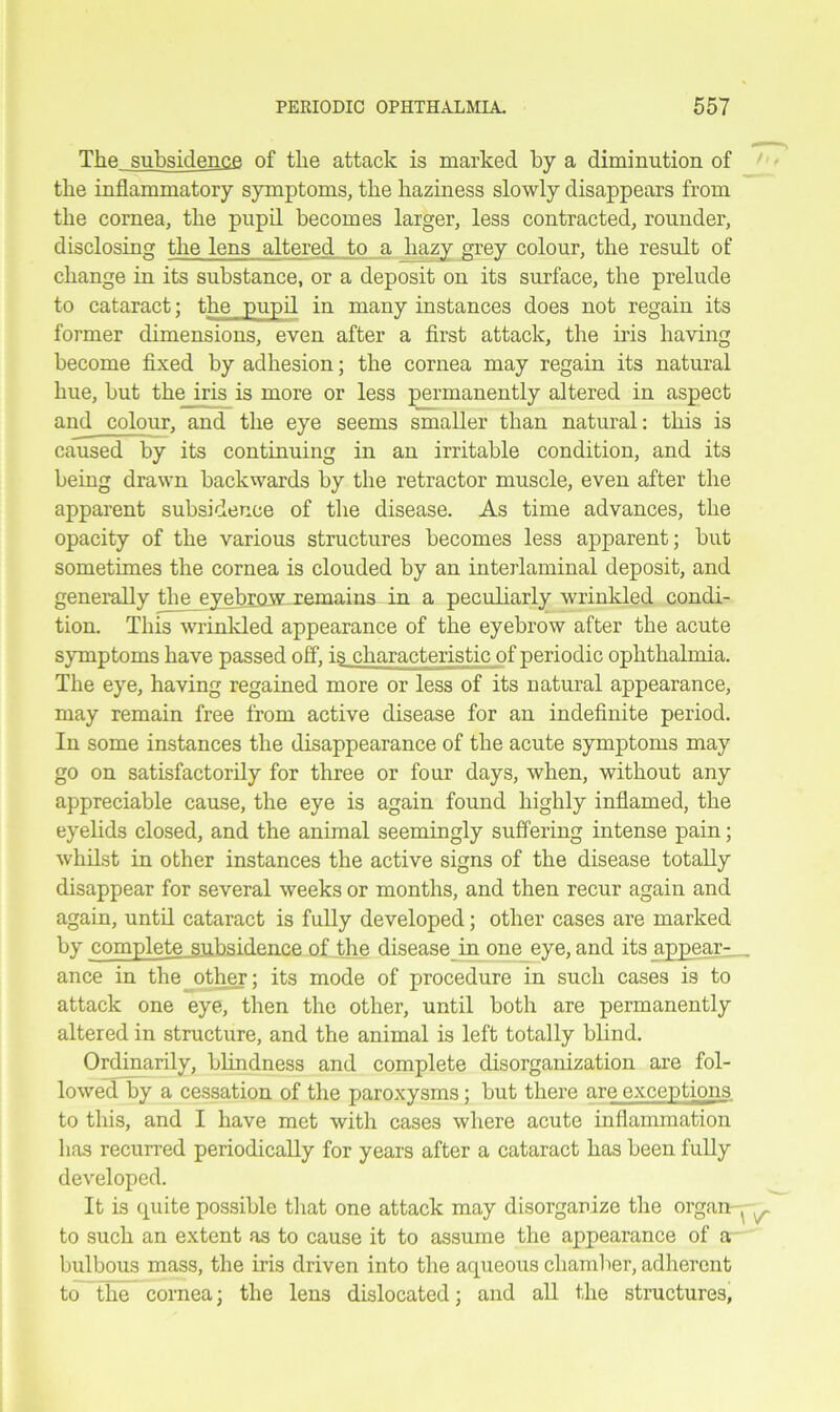 The subsidence of the attack is marked by a diminution of the inflammatory symptoms, the haziness slowly disappears from the cornea, the pupil becomes larger, less contracted, rounder, disclosing the lens altered to a hazy grey colour, the result of change in its substance, or a deposit on its surface, the prelude to cataract; the pupil in many instances does not regain its former dimensions, even after a first attack, the iris having become fixed by adhesion; the cornea may regain its natural hue, but the iris is more or less permanently altered in aspect and colour, and the eye seems smaller than natural: this is caused by its continuing in an irritable condition, and its being drawn backwards by the retractor muscle, even after the apparent subsidence of the disease. As time advances, the opacity of the various structures becomes less apparent; but sometimes the cornea is clouded by an interlaminal deposit, and generally the eyebrow jemains in a peculiarly wrinkled condi- tion. This wrinkled appearance of the eyebrow after the acute symptoms have passed off, is characteristic of periodic ophthalmia. The eye, having regained more or less of its natural appearance, may remain free from active disease for an indefinite period. In some instances the disappearance of the acute symptoms may go on satisfactorily for three or four days, when, without any appreciable cause, the eye is again found highly inflamed, the eyelids closed, and the animal seemingly suffering intense pain; whilst in other instances the active signs of the disease totally disappear for several weeks or months, and then recur again and again, until cataract is fully developed; other cases are marked by complete subsidence of the disease in one eye, and its appear-_ ance in the other; its mode of procedure in such cases is to attack one eye, then the other, until both are permanently altered in structure, and the animal is left totally blind. Ordinarily, blindness and complete disorganization are fol- lowed by a cessation of the paroxysms; but there are exceptions to this, and I have met with cases where acute inflammation has recurred periodically for years after a cataract has been fully developed. It is quite possible that one attack may disorganize the organ - to such an extent as to cause it to assume the appearance of a bulbous mass, the iris driven into the aqueous chamber, adherent to the cornea; the lens dislocated; and all the structures.