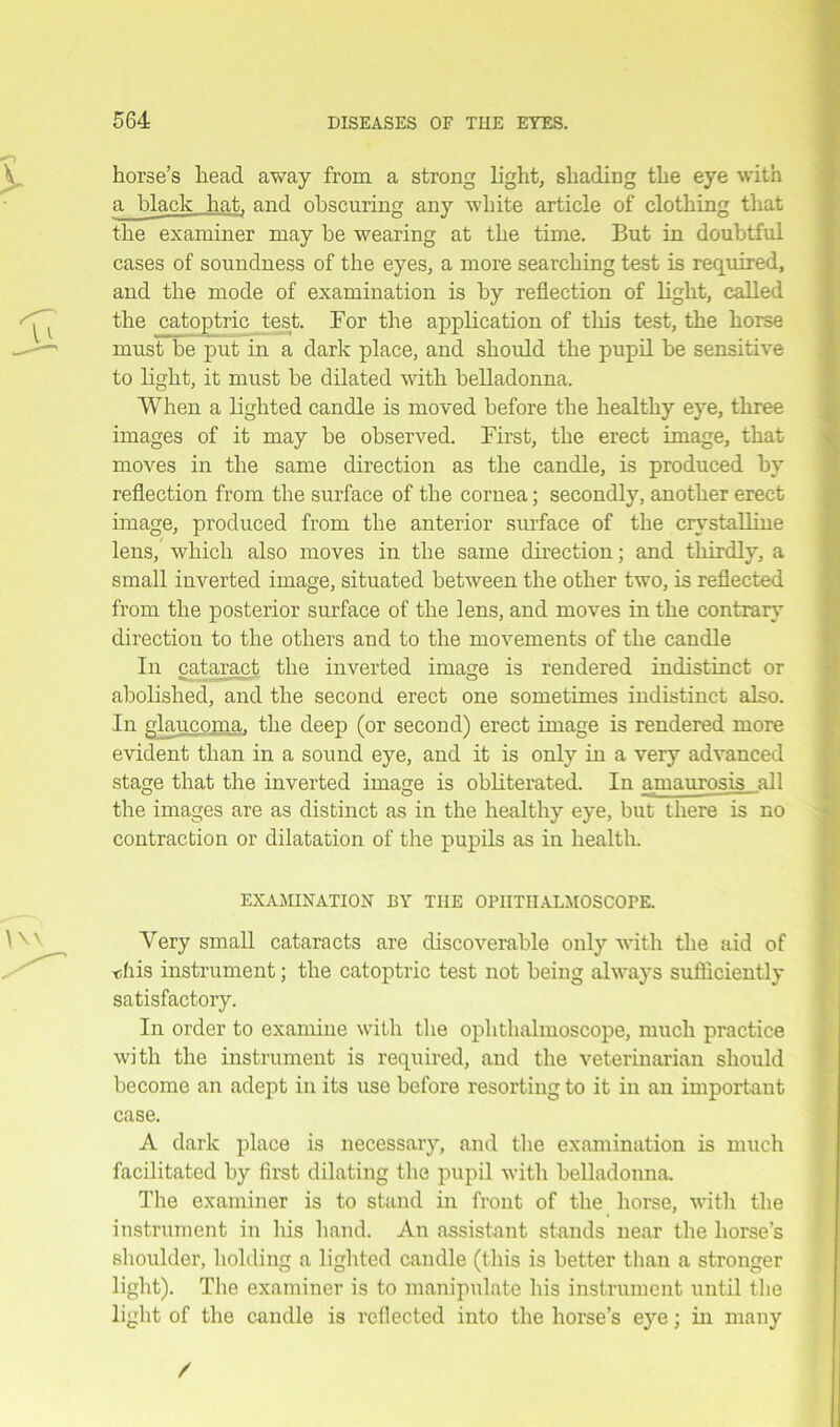 horse’s head away from a strong light, shading the eye with a black hat, and obscuring any white article of clothing that the examiner may be wearing at the time. But in doubtful cases of soundness of the eyes, a more searching test is required, and the mode of examination is by reflection of light, called the catoptric test. For the application of this test, the horse must be put in a dark place, and should the pupil be sensitive to light, it must be dilated with belladonna. When a lighted candle is moved before the healthy eye, three images of it may be observed. First, the erect image, that moves in the same direction as the candle, is produced by reflection from the surface of the cornea; secondly, another erect image, produced from the anterior surface of the crystalline lens, which also moves in the same direction; and thirdly, a small inverted image, situated between the other two, is reflected from the posterior surface of the lens, and moves in the contrary direction to the others and to the movements of the candle In cataract the inverted image is rendered indistinct or abolished, and the second erect one sometimes indistinct also. In glaucoma, the deep (or second) erect image is rendered more evident than in a sound eye, and it is only in a very advanced stage that the inverted image is obliterated. In amaurosis all the images are as distinct as in the healthy eye, but there is no contraction or dilatation of the pupils as in health. EXAMINATION BY THE OPHTHALMOSCOPE. Very small cataracts are discoverable only with the aid of tliis instrument; the catoptric test not being always sufficiently satisfactory. In order to examine with the ophthalmoscope, much practice with the instrument is required, and the veterinarian should become an adept in its use before resorting to it in an important case. A dark place is necessary, and the examination is much facilitated by first dilating the pupil with belladonna. The examiner is to stand in front of the horse, with the instrument in his hand. An assistant stands near the horse’s shoulder, holding a lighted candle (this is better than a stronger light). The examiner is to manipulate his instrument until the light of the candle is reflected into the horse’s eye; in many /