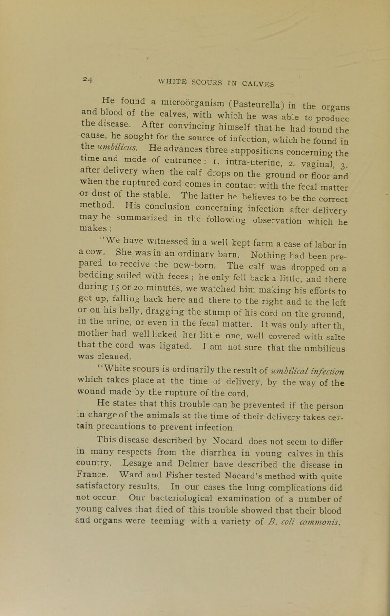 He found a microorganism (Pasteurella) in the organs and blood of the calves, with which he was able to produce ie disease. After convincing himself that he had found the cause, he sought for the source of infection, which he found in the umbilicus. He advances three suppositions concerning the time and mode of entrance: i. intra-uterine, 2. vaginal * after delivery when the calf drops on the ground or floor and when the ruptured cord comes in contact with the fecal matter or dust of the stable. The latter he believes to be the correct method. His conclusion concerning infection after delivery may be summarized in the following observation which he makes : “We have witnessed in a well kept farm a case of labor in a cow. She was in an ordinary barn. Nothing had been pre- pared to receive the new-born. The calf was dropped on a bedding soiled with feces ; he only fell back a little, and there during 15 or 20 minutes, we watched him making his efforts to get up, falling back here and there to the right and to the left or on his belly, dragging the stump of his cord on the ground, in the urine, or even in the fecal matter. It was only after th, mother had well licked her little one, well covered with salte that the cord w'as ligated. I am not sure that the umbilicus was cleaned. White scours is ordinarily the result of umbilical infection which takes place at the time of deliver}’, by the way of the wound made by the rupture of the cord. He states that this trouble can be prevented if the person in charge of the animals at the time of their delivery takes cer- tain precautions to prevent infection. This disease described by Nocard does not seem to differ in many respects from the diarrhea in young calves in this country. Lesage and Delmer have described the disease in France. Ward and Fisher tested Nocard’s method with quite satisfactory results. In our cases the lung complications did not occur. Our bacteriological examination of a number of young calves that died of this trouble showed that their blood and organs were teeming with a variety of B. coli commonis.