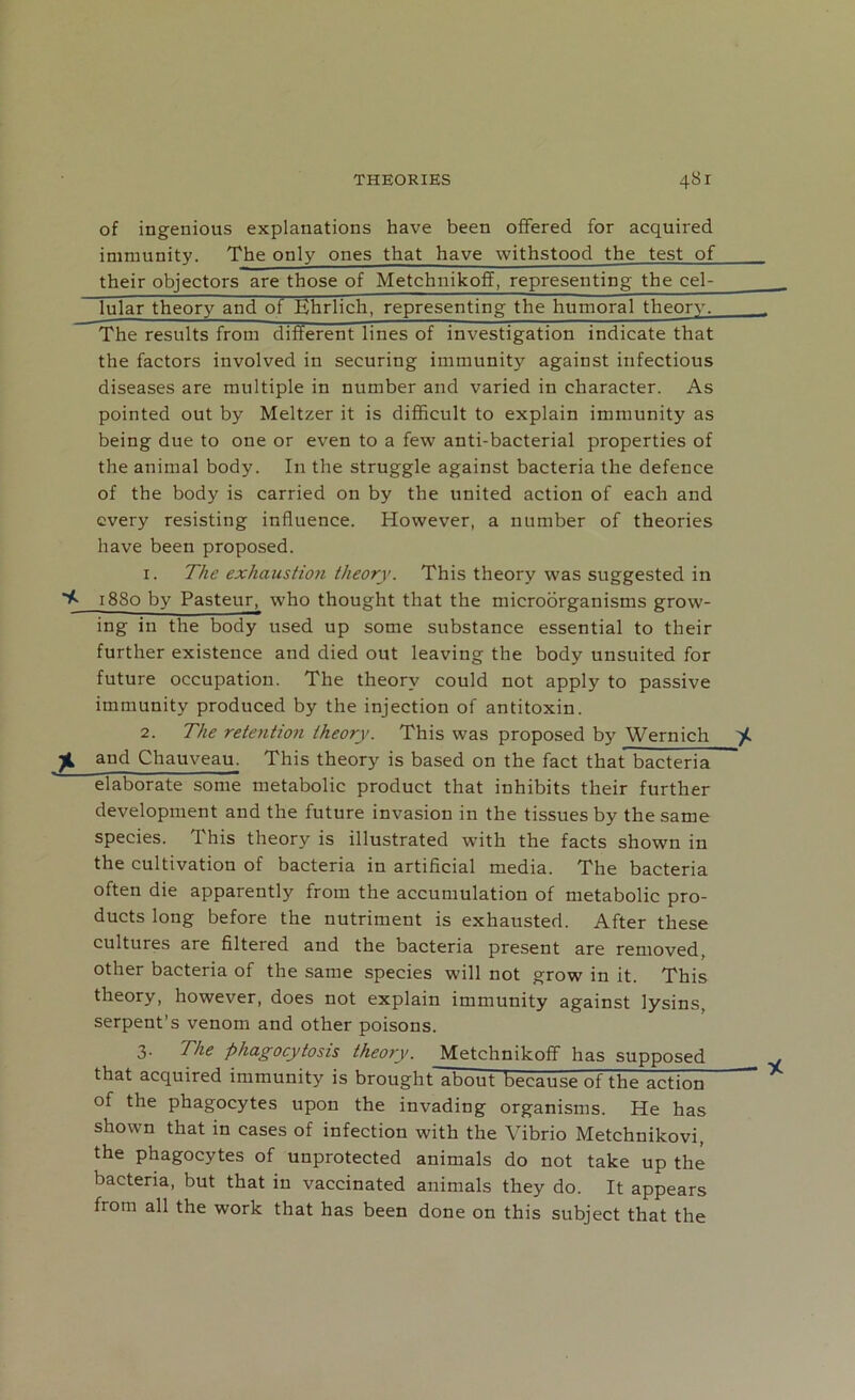 of ingenious explanations have been offered for acquired immunity. The only ones that have withstood the test of their objectors are those of Metchnikoff, representing the cel- lular theory and of Ehrlich, representing the humoral theory. The results from different lines of investigation indicate that the factors involved in securing immunity against infectious diseases are multiple in number and varied in character. As pointed out by Meltzer it is difficult to explain immunity as being due to one or even to a few anti-bacterial properties of the animal body. In the struggle against bacteria the defence of the body is carried on by the united action of each and every resisting influence. However, a number of theories have been proposed. 1. The exhaustion theory. This theory was suggested in 1880 by Pasteur, who thought that the microorganisms grow- ing in the body used up some substance essential to their further existence and died out leaving the body unsuited for future occupation. The theory could not apply to passive immunity produced by the injection of antitoxin. 2. The retention theory. This was proposed by Wernich / JL and Chauveau. This theory is based on the fact that bacteria elaborate some metabolic product that inhibits their further development and the future invasion in the tissues by the same species. This theory is illustrated with the facts shown in the cultivation of bacteria in artificial media. The bacteria often die apparently from the accumulation of metabolic pro- ducts long before the nutriment is exhausted. After these cultures are filtered and the bacteria present are removed, other bacteria of the same species will not grow in it. This theory, however, does not explain immunity against lysins, serpent’s venom and other poisons. 3. The phagocytosis theory. Metchnikoff has supposed that acquired immunity is broughfabout because of the action of the phagocytes upon the invading organisms. He has shown that in cases of infection with the Vibrio Metchnikovi, the phagocytes of unprotected animals do not take up the bacteria, but that in vaccinated animals they do. It appears from all the work that has been done on this subject that the