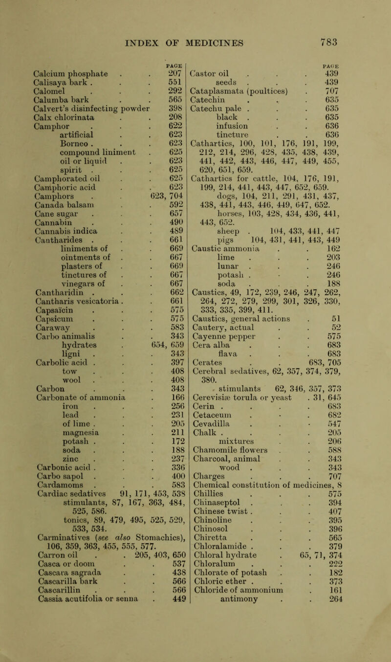 PAGE Calcium phosphate . . 207 Calisaya bark . . . 551 Calomel . . .292 Calumba bark . . 565 Calvert’s disinfecting powder 398 Calx chlorinata . . 208 Camphor . . . 622 artificial . . 623 Borneo . . .623 compound liniment . 625 oil or liquid . . 623 spirit . . . 625 Camphorated oil . 625 Camphoric acid . . 623 Camphors . 623, 704 Canada balsam . 592 Cane sugar . .657 Cannabin . . . 490 Cannabis indica 489 Cantharides . . .661 liniments of . . 669 ointments of . . 667 plasters of . . 669 tinctures of . . 667 vinegars of . . 667 Cantharidin . . 662 Cantharis vesicatoria. . 661 Capsaicin . . .575 Capsicum . . .575 Caraway . . . 583 Carbo animalis . . 343 hydrates . 654, 659 ligni . . 343 Carbolic acid . . . 397 tow . . . 408 wool . . 408 Carbon . . . 343 Carbonate of ammonia . 166 iron . . . 256 lead . . .231 of lime . . 205 magnesia . . 211 potash . . . 172 soda . . . 188 zinc . . 237 Carbonic acid . . 336 Carbo sapol . . 400 Cardamoms . . . 583 Cardiac sedatives 91, 171, 453, 538 stimulants, 87, 167, 363, 484, 525, 586. tonics, 89, 479, 495, 525, 529, 533, 534. Carminatives [see also Stomachics), 106, 359, 363, 455, 555, 577. Carron oil . . 205, 403, 650 Casca or doom . . 537 Cascai’a sagrada . . 438 Cascarilla bark . . 566 Cascarillin . . .566 Cassia acutifolia or senna . 449 Castor oil PAGE 439 seeds 439 Cataplasmata (poultices) 707 Catechin 635 Catechu pale . 635 black . 635 infusion 636 tincture 636 Cathartics, 100, 101, 176, 191, 199, 212, 214, 296, 428, 435, 438, 439, 441, 442, 443, 446, 447, 449, 455, 620, 651, 659. Cathartics for cattle, 104, 176, 191, 199, 214, 441, 443, 447, 652, 659. dogs, 104, 211, 291, 431, 437, 438, 441, 443, 446, 449, 647, 652. horses, 103, 428, 434, 436, 441, 443, 652. sheep . 104, 433, 441, 447 pigs 104,431,441,443,449 Caustic ammonia . . 162 lime . . . 203 lunar . . . 246 potash . - . 246 soda . . 188 Caustics, 49, 172, 239, 246, 247, 262, 264, 272, 279, 299, 301, 326, 330, 333, 335, 399, 411. Caustics, general actions . 51 Cautery, actual . . 52 Cayenne pepper . . 575 Cera alba . . . 683 flava . . . 683 Cerates . . 683, 705 Cerebral sedatives, 62, 357, 374, 379, 380. stimulants 62, 346, 357, 373 Cerevisise torula or yeast .31, 645 Cerin .... 683 Cetaceum . • . 682 Cevadilla . . • 547 Chalk . . . .205 mixtures . . 206 Chamomile flowers . 588 Charcoal, animal . 343 wood . . . 343 Charges . . . 707 Chemical constitution of medicines, 8 Chillies . . . 575 Chinaseptol . . . 394 Chinese twist . . . 407 Chinoline . . 395 Chinosol . . . 396 Chiretta . . . 565 Chloralamide . . .379 Chloral hydrate . 65, 71, 374 Chloralum . . . 222 Chlorate of potash . . 182 Chloric ether . . .373 Chloride of ammonium . 161 antimony . . 264