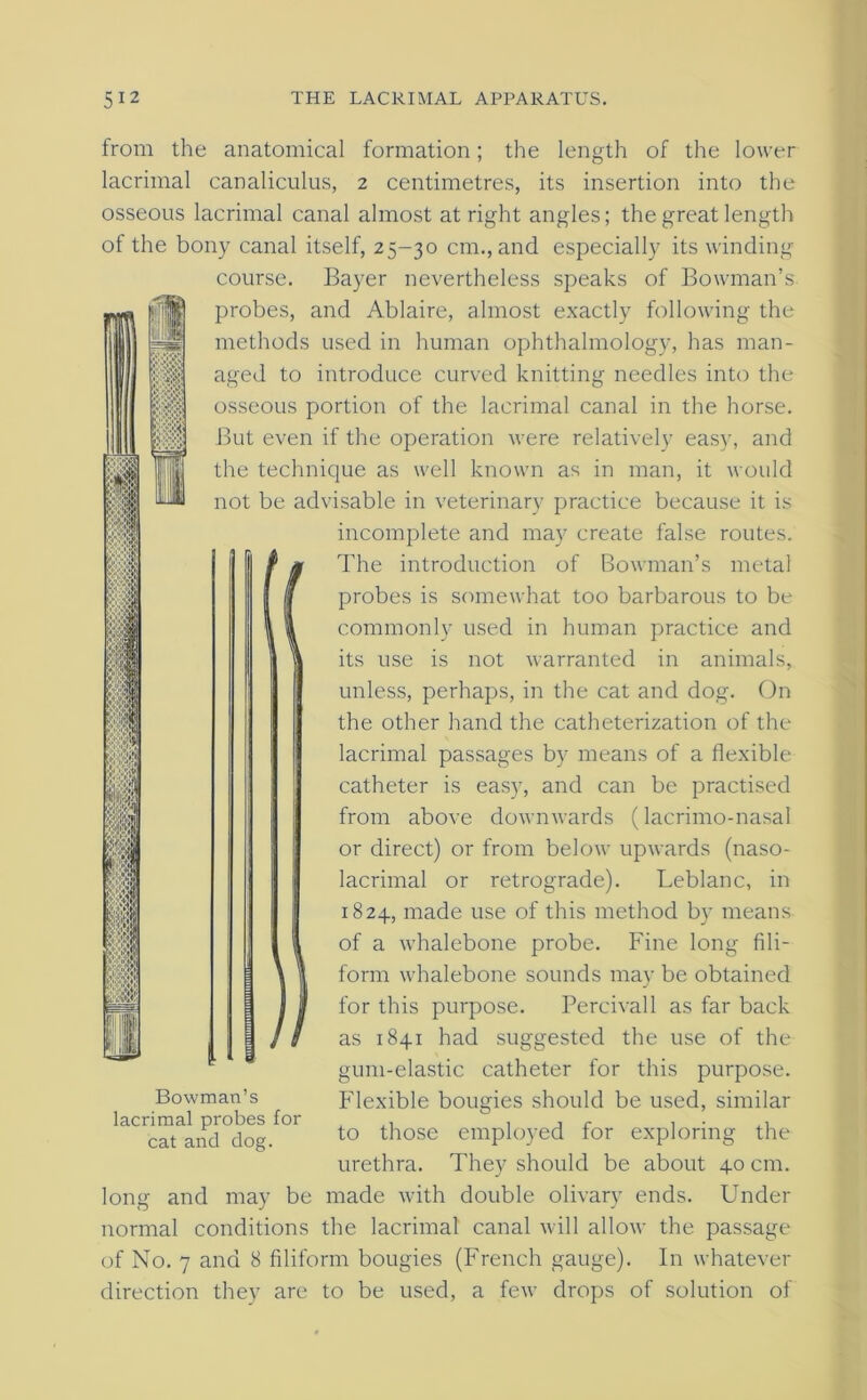 from the anatomical formation; the length of the lower lacrimal canaliculus, 2 centimetres, its insertion into the osseous lacrimal canal almost at right angles; the great length ot the bony canal itself, 25-30 cm., and especially its winding course. Bayer nevertheless speaks of Bowman’s probes, and Ablaire, almost exactly following the methods used in human ophthalmology, has man- aged to introduce curved knitting needles into the osseous portion of the lacrimal canal in the horse. But even if the operation were relatively easy, and the technique as well known as in man, it would not be advisable in veterinary practice because it is incomplete and may create false routes. The introduction of Bowman’s metal probes is somewhat too barbarous to be commonly used in human practice and its use is not warranted in animals, unless, perhaps, in the cat and dog. On the other hand the catheterization of the lacrimal passages by means of a flexible catheter is easy, and can be practised from above downwards (lacrimo-nasal or direct) or from below upwards (naso- lacrimal or retrograde). Leblanc, in 1824., made use of this method by means of a whalebone probe. Fine long fili- form whalebone sounds may be obtained for this purpose. Percivall as far back as 184.1 had suggested the use of the gum-elastic catheter for this purpose. Flexible bougies should be used, similar to those employed for exploring the urethra. They should be about 40 cm. and may be made with double olivary ends. Under normal conditions the lacrimal canal will allow the passage of No. 7 and 8 filiform bougies (French gauge). In whatever direction they are to be used, a few drops of solution of m Bowman’s lacrimal probes for cat and dog. long