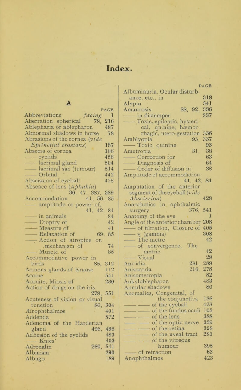 Index A PAGE Abbreviations facing 1 Aberration, spherical 78, 216 Ablepharia or ablepharon 487 Abnormal shadows in horse 78 Abrasions of the cornea (vide Epithelial erosions) 187 Abscess of cornea 166 eyelids 456 — lacrimal gland 504 lacrimal sac (tumour) 514 Orbital 442 Abscission of eyeball 428 Absence of lens (Aphakia) 36, 47, 387, 389 Accommodation 41, 56, 85 amplitude or power- of, 41, 42, 84 in animals 84 Dioptry of 42 ——Measure of 41 - Relaxation of 69, 85 Action of atropine on . mechanism of 74 — Muscle of 85 Accommodative power in birds 85, 312 Acinous glands of Krause 112 Acoine 541 Aconite, Miosis of 280 Action of drugs on the iris 279, 551 Acuteness of vision or visual function 86, 304 ALrophthalmos 401 Addenda 572 Adenoma of the Harderian gland 496, 498 Adhesion of the eyelids 483 -—— Knies’ 403 Adrenalin 260, 541 Albinism 290 Albugo 189 PAGE Albuminuria, Ocular disturb- ance, etc., in Alypin Amaurosis 8S, 92, in distemper Toxic, epileptic, hysteri- cal, quinine, haemor- rhagic, utero-gestation Amblyopia 93, —— Toxic, quinine Ametropia 31, Correction for Diagnosis of Order of diffusion in 31S 541 336 337 336 337 93 38 63 64 38 84 Amplitude of accommodation 41, 42 Amputation of the anterior segment of the eyeball (vide Abscission) Anaesthetics in ophthalmic surgery 376, Anatomy of the eye Angle of the anterior chamber 208 of filtration, Closure of 405 428 541 1 y (gamma) 308 The metre 42 of convergence, The metric 42 Visual 29 Aniridia 281, 289 Anisocoria 216, 27S Anisometropia 82 Ankyloblepharon 4 S3 Annular shadows 80 Anomalies, Congenital, of the conjunctiva of the eyeball of the fundus oculi of the lens of the optic nerve of the retina of the uveal tract of the vitreous humour of refraction Anophthalmos 136 423 105 388 339 328 283 395 63 423