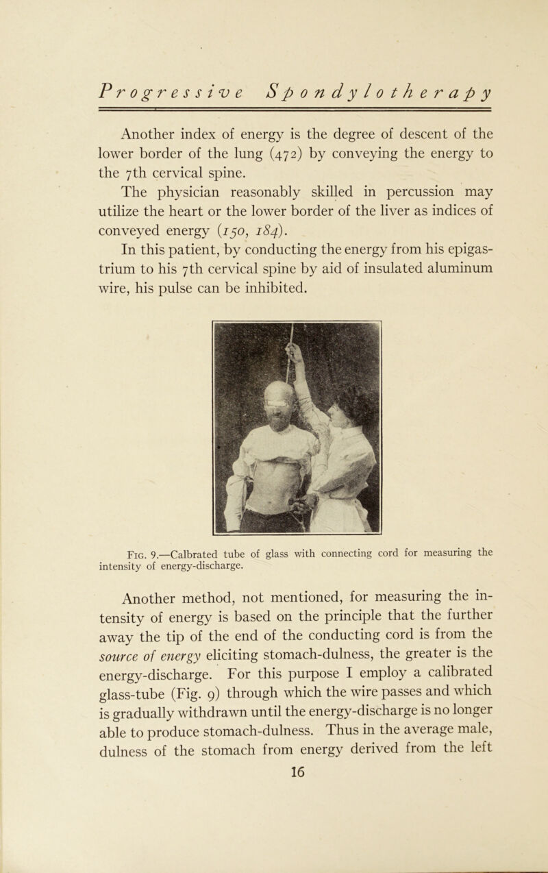 Another index of energy is the degree of descent of the lower border of the lung (472) by conveying the energy to the 7th cervical spine. The physician reasonably skilled in percussion may utilize the heart or the lower border of the liver as indices of conveyed energy (150, 184). In this patient, by conducting the energy from his epigas- trium to his 7th cervical spine by aid of insulated aluminum wire, his pulse can be inhibited. Fig. 9.—Calbrated tube of glass with connecting cord for measuring the intensity of energy-discharge. Another method, not mentioned, for measuring the in- tensity of energy is based on the principle that the further away the tip of the end of the conducting cord is from the source of energy eliciting stomach-dulness, the greater is the energy-discharge. For this purpose I employ a calibrated glass-tube (Fig. 9) through which the wire passes and which is gradually withdrawn until the energy-discharge is no longer able to produce stomach-dulness. Thus in the average male, dulness of the stomach from energy derived from the left