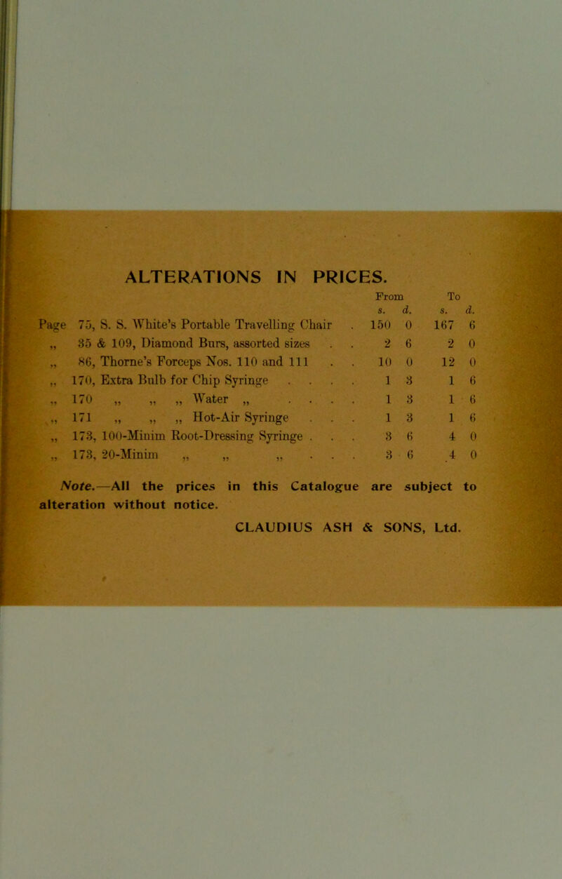 ALTERATIONS IN PRICES. From To Page 75, S. S. White’s Portable Travelling Chair s. . 150 d. 0 s. 167 d. 6 35 & 109, Diamond Bnrs, assorted sizes 2 6 2 0 86, Thorne’s Forceps Nos. 110 and 111 10 0 12 0 170, Extra Bulb for Chip Syringe 1 3 1 6 170 „ „ „ Water „ ... 1 3 1 6 v 171 „ „ „ Hot-Air Syringe 1 3 1 6 173, 100-Minim Root-Dressing Syringe . 3 6 4 0 173, 20-Minim „ „ „ . . 3 6 4 0 Note.—All the prices in this Catalogue are subject to alteration without notice.