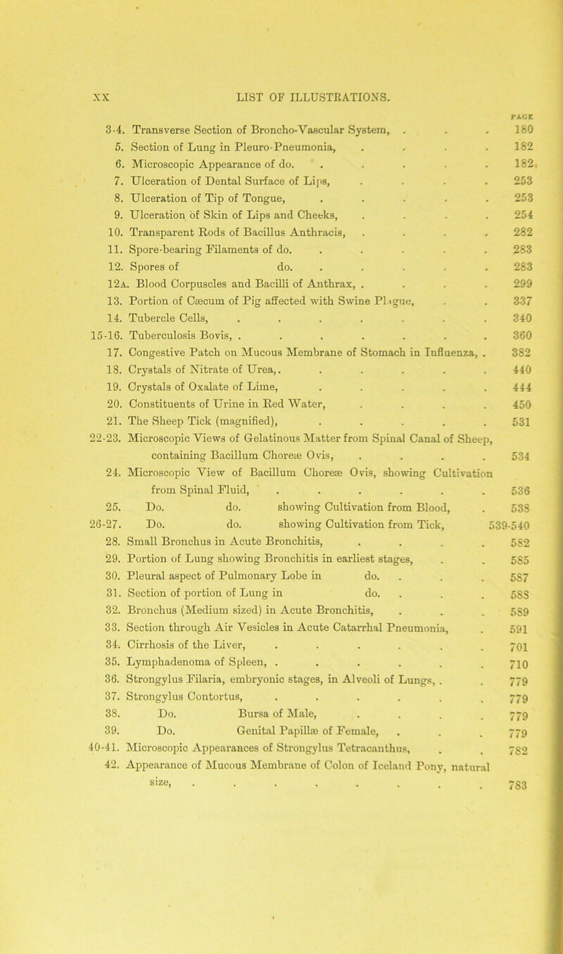 PAGE 3-4. Transverse Section of Broncho-Vascular System, . . . 180 5. Section of Lung in Pleuro-Pneumonia, .... 182 6. Microscopic Appearance of do. ..... 182, 7. Ulceration of Dental Surface of Lips, .... 253 8. Ulceration of Tip of Tongue, ..... 253 9. Ulceration of Skin of Lips and Cheeks, .... 254 10. Transparent Rods of Bacillus Anthracis, .... 282 11. Spore-bearing Filaments of do. ..... 283 12. Spores of do. ..... 283 12a. Blood Corpuscles and Bacilli of Anthrax, .... 299 13. Portion of Ctecum of Pig affected with Swine PI >gue, . . 337 14. Tubercle Cells, ....... 340 15-16. Tuberculosis Bovis, ....... 360 17. Congestive Patch on Mucous Membrane of Stomach in Influenza, . 382 18. Crystals of Nitrate of Urea,. ..... 440 19. Crystals of Oxalate of Lime, ..... 444 20. Constituents of Urine in Red Water, .... 450 21. The Sheep Tick (magnified), ..... 531 22-23. Microscopic Views of Gelatinous Matter from Spinal Canal of Sheep, containing Bacillum Choreie Ovis, .... 534 24. Microscopic View of Bacillum Chore® Ovis, showing Cultivation from Spinal Fluid, ...... 536 25. Do. do. showing Cultivation from Blood, . 538 26-27. Do. do. showing Cultivation from Tick, 539-540 28. Small Bronchus in Acute Bronchitis, .... 582 29. Portion of Lung showing Bronchitis in earliest stages, . . 585 30. Pleural aspect of Pulmonary Lobe in do. . . 5S7 31. Section of portion of Lung in do. . . 58S 32. Bronchus (Medium sized) in Acute Bronchitis, . . . 589 33. Section through Air Vesicles in Acute Catarrhal Pneumonia, . 591 34. Cirrhosis of the Liver, ...... 707 35. Lymphadenoma of Spleen, ...... yjg 36. Strongylus Filaria, embryonic stages, in Alveoli of Lungs, . . 779 37. Strongylus Contortus, ...... 779 38. Do. Bursa of Male, . . . .779 39. Do. Genital Papillae of Female, . . . 779 40-41. Microscopic Appearances of Strongylus Tetracanthus, . . 782 42. Appearance of Mucous Membrane of Colon of Iceland Pony, natural size. 7S3