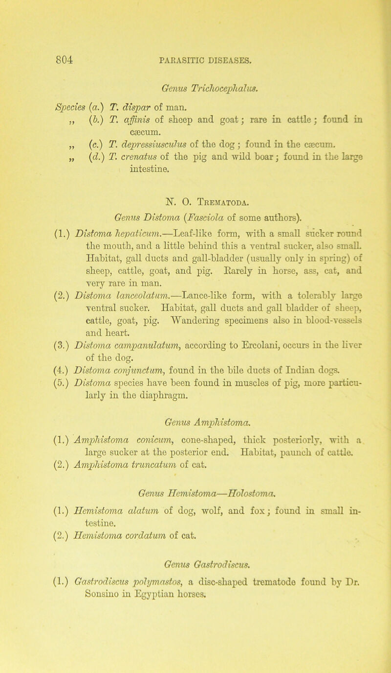 Genus Trichocephalus. Species (a.) T. dispar of man. ., (b.) T. a.finis of sheep and goat; rare in cattle; found in caecum. „ (c.) T. depressiusculus of the dog ; found in the caecum. „ (d.) T. crenatus of the pig and wild boar; found in the large intestine. bT. 0. Trematoda. Genus Distoma (Fasciola of some authors). (1.) Distoma hepaticum.—Leaf-like form, with a small sucker round the mouth, and a little behind this a ventral sucker, also small. Habitat, gall ducts and gall-bladder (usually only in spring) of sheep, cattle, goat, and pig. Barely in horse, ass, cat, and very rare in man. (2.) Distoma lanceolatum.—Lance-like form, with a tolerably large ventral sucker. Habitat, gall ducts and gall bladder of sheep, cattle, goat, pig. Wandering specimens also in blood-vessels and heart. (3.) Distoma campanulatum, according to Ercolani, occurs in the liver of the dog. (4.) Distoma conjunctum, found in the bile ducts of Indian dogs. (5.) Distoma species have been found in muscles of pig, more particu- larly in the diaphragm. Genus Amphistoma. (1.) Amphistoma conicum, cone-shaped, thick posteriorly, with a large sucker at the posterior end. Habitat, paunch of cattle. (2.) Amphistoma truncatum of cat. Genus Hemistoma—Holostoma. (1.) Ilemistoma alatum of dog, wolf, and fox; found in small in- testine. (2.) Ilemistoma cor datum of cat. Genus Gastrodiscus. (1.) Gastrodiscus polymastos, a disc-shaped trematodo found by Dr. Sonsino in Egyptian horses.