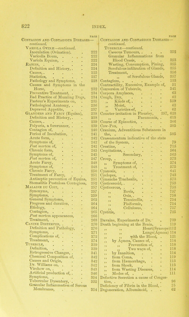 PAGE CONTAGION AND CoNTAGfOUS DISEASES— continued. Variola Ovine—continued. Inoculation (Ovination), . 222 Varicella Bourn, . ... 222 Variola Equinae, . . . 222 .Rabies, 224 Definition and History, . . 224 Causes,..... 225 Statistics, .... 227 Pathology and Symptoms, . 228 Causes and Symptoms in the Horse, .... 232 Preventive Treatment, . . 234 Bad Practice of Muzzling Dogs, 234 Pasteur’s Experiments on, . 235 Pathological Anatomy, . . 236 Depraved Appetite, . . 237 Glanders and Farcy (Equina), 238 Definition and History,. . 238 Causes,..... 239 Polyuria, a forerunner, . . 239 Contagion of, ... 240 Period of Incubation, . . 241 Acute form, .... 242 Symptoms of, . . . 242 Post mortem of, . . 242 Chronic form, . . . 245 Symptoms of, 245 Post mortem of, . . 247 Acute Farcy, . . . 248 Symptoms of, 248 Chronic Farcy, . . . 250 Treatment of Farcy, . . 251 Antiseptic prevention of Equina, 251 Stomatitis Pustulosa Contagiosa, 252 Maladie dd Coit, . . . 257 Synonyms, .... 257 Symptoms, .... 259 General Symptoms, . . 262 Progress and duration, . . 264 Etiology, .... 264 Contagion, .... 265 Post mortem appearances, . 266 Treatment, .... 268 Canine Distemper, . . . 270 Definition and Pathology, . 270 Symptoms, .... 271 Complications of, . . . 272 Treatment, .... 274 Tubercle, .... 339 Definition, .... 339 Retrogressive Changes, . . 341 Chemical Composition of, . 342 Causes and Origin, . . 342 Dr. Williams on, . . . 342 Virchow on 343 Artificial production of, . . 346 Symptoms 354 Tubercular Dysentery, . . 352 Granular Inflammation of Serous Membranes, . . . 354 PAGE Contagion and Contagious Diseases— continued. Tubercle—continued. Caseous Tumours, . . . 352 Granular Inflammations from Blood Crasis, Wasting, Consumption, Pining, 355 Scrofulous infiltration of Glands, 355 Treatment, .... ,, of Scrofulous Glands, 357 Contagium, ..... 133 Contractility, Excessive, Example of, 51 Conversion of Tubercle, Corpora Amylacea, ... 63 Cough, Dry, .... ,, Kinds of, . . . . 559 ,, Moist, .... 42 ,, Varieties of, ... 42 Counter-irritation in Pleurisy, 397, 623 ,, „ Pneumonia, . 615 Course of Epizootics, ... Cow-Pox, ..... 205 Cranium, Adventitious Substances in the, 505 Crassamentum indicative of the state of the System, . Creatine, .... Crepitations, .... „ Secondary, Croup, ..... ,, Symptoms of, ,, Treatment of. Cyanosis, Cyclopes, Cynanche Trachealis, Cysticercoid,. Cysticercus, . 79 715 564 565 573 574 575 641 743 573 753 753 ,, Bovis, „ Ovis,. _ . ,, Tenuicollis, ,, Pisiformis, ,, Cellulosus, Cystitis, 757 758 754 754 757 725 Davaine, Experiments of Dr. . 739 Death beginning at the Brain, . 119 ,, ,, Heart(Syncope)112 ,, ,, Lungs(Apnoea) 114 ,, ,, with the Blood, . 121 ,, by Apuoea, Causes of, . . 114 ,, ,, Prevention of, . 118 ,, ,, Two ways of, . 118 ,, by Inanition, . . . 114 ,, from Coma, . . . 119 ,, from Haemorrhage, . . 113 ,, from Shock, . . . 113 ,, from Wasting Diseases, . 114 ,, Modes of, . . . . Ill Defective Secretion a cause of Conges- tion, ...... 96 Deficiency of Fibrin in the Blood,. 75 Degeneration, Albuminoid, . . 62