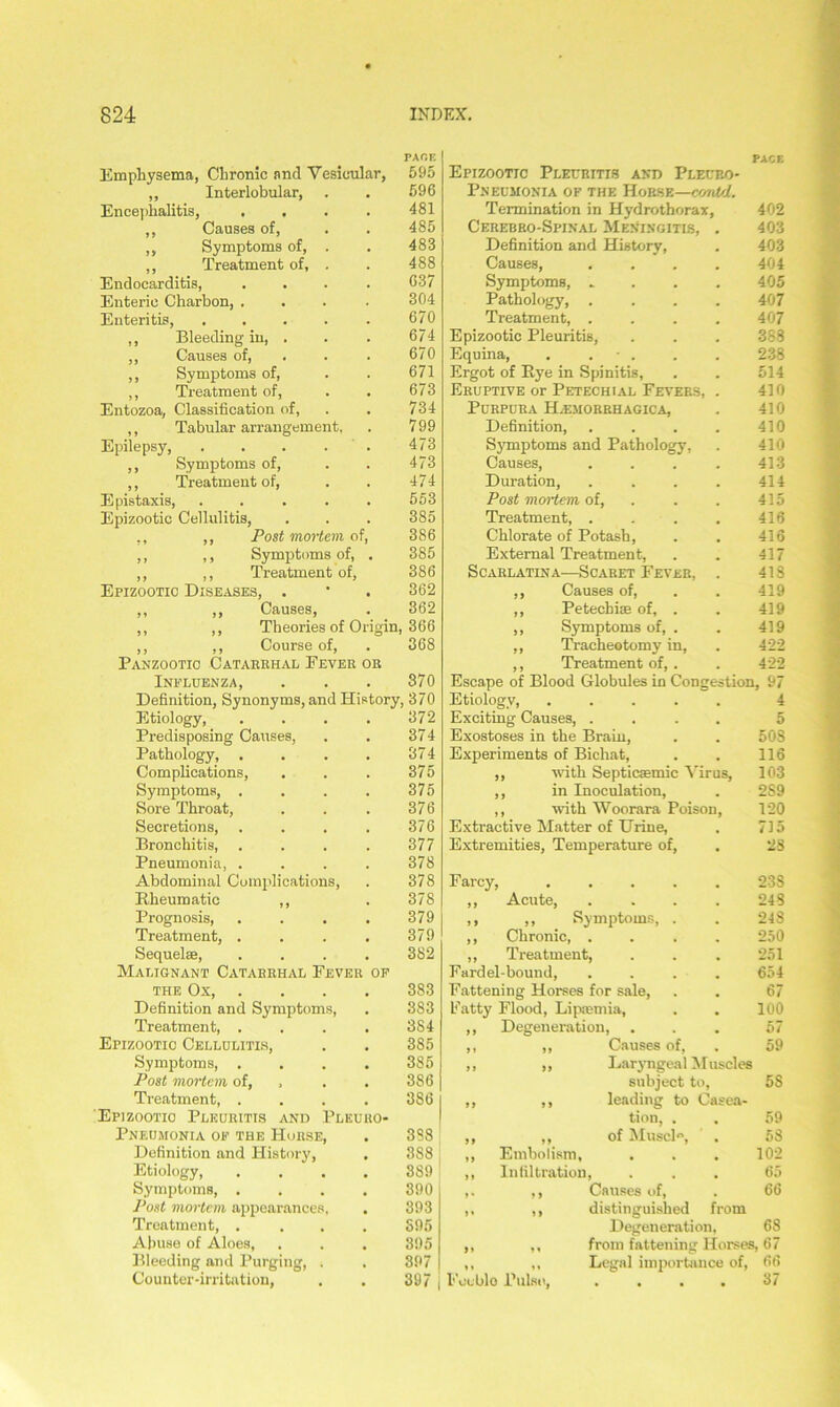 Emphysema, Chronic and Vesicular, 595 ,, Interlobular, . . 596 Encephalitis, . . . . 481 ,, Causes of, . . 485 ,, Symptoms of, . . 483 ,, Treatment of, . . 488 Endocarditis, .... 637 Enteric Charbon, .... 304 Enteritis, ..... 670 ,, Bleeding in, , . . 674 ,, Causes of, . . 670 ,, Symptoms of, . . 671 ,, Treatment of, . . 673 Entozoa, Classification of, . . 734 ,, Tabular arrangement, . 799 Epilepsy, . . . . 473 ,, Symptoms of, . . 473 ,, Treatment of, . . 474 Epistaxis, ..... 553 Epizootic Cellulitis, . . . 385 ,, ,, Post mortem of, 386 ,, ,, Symptoms of, . 385 ,, ,, Treatment of, 386 Epizootic Diseases, . * . 362 ,, ,, Causes, . 362 ,, ,, Theories of Origin, 366 ,, ,, Course of, . 368 Panzootic Catarrhal Fever or Influenza, . . . 370 Definition, Synonyms, and History, 370 Etiology, Predisposing Causes, Pathology, Complications, Symptoms, . Sore Throat, Secretions, Bronchitis, Pneumonia, . Abdominal Complications, Rheumatic ,, Prognosis, Treatment, . Sequelae, Malignant Catarrhal Fever of the Ox, . Definition and Symptoms, Treatment, . Epizootic Cellulitis, Symptoms, . Post mortem of, , Treatment, . Epizootic Pleuritis and Pleuro Pneumonia of the Horse, Definition and History, Etiology, Symptoms, Post mortem appearance Treatment, . Abuse of Aloes, Bleeding and Purging, Counter-irritation, 372 374 374 375 375 376 376 377 378 378 378 379 379 382 383 383 3S4 385 385 386 386 388 3S8 389 390 393 395 395 397 397 PACE Epizootic Pleuritis and Pleueo- Pneumonia of the Horse—c'mt/1. Termination in Hydrothorax, 402 Cerebro-Spinal Meningitis, . 403 Definition and History, . 403 Causes, . . . . 404 Symptoms, .... 405 Pathology, .... 407 Treatment, .... 407 Epizootic Pleuritis, . . . 388 Equina, . . • . . . 238 Ergot of Rye in Spinitis, . . 514 Eruptive or Petechial Fevers, . 410 Purpura Hemorrhagica, . 410 Definition, . . . . 410 Symptoms and Pathology. . 410 Causes, . . . . 413 Duration, . . . . 414 Post mortem, of, . . . 415 Treatment, .... 416 Chlorate of Potash, . . 416 External Treatment, . . 417 Scarlatina—Scaret Fever, . 418 Causes of, . . 419 Petecbiae of, . . 419 Symptoms of, . . 419 Tracheotomy in, . 422 Treatment of, . . 422 Escape of Blood Globules in Congestion, 97 Etiology, Exciting Causes, . Exostoses in the Brain, Experiments of Bichat, ,, with Septicaemic Virus, ,, in Inoculation, ,, with Woorara Poison Extractive Matter of Drine, Extremities, Temperature of, Farcy, ,, Acute, .» ,, Symptoms, ,, Chronic, . ,, Treatment, Fardel-bound, Fattening Horses for sale, Fatty Flood, Lipaemia, ,, Degeneration, ,, ,, Causes of, ,, ,, Laryngeal Muscles subject to, ,, ,, leading to Casea- tion, , of Muscl°, Embolism, Infiltration, 4 5 508 116 103 2S9 120 715 28 23S 248 248 250 251 654 67 100 57 59 5S 59 58 102 65 66 Feeble Pulse, Causes of, distinguished from Degeneration, 68 from fattening Horses, 67 Legal importance of, 66 .... 37