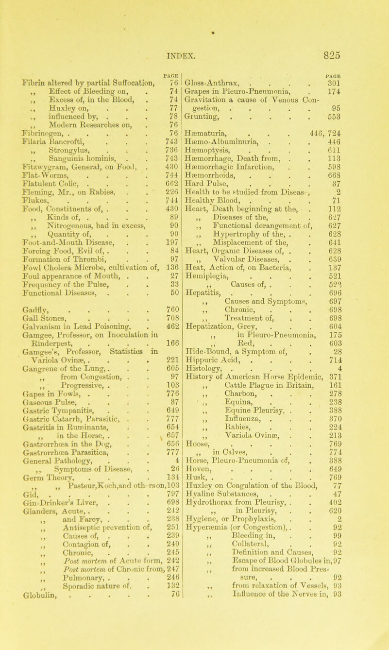 Fibrin altered by partial Suffocation, 76 ,, Effect of Bleeding on, . 74 ,, Excess of, in the Blood, . 74 ,, Huxley on, ... 77 ., influenced by, . . . 78 ,, Modern Researches on, . 7 6 Fibrinogen, . . . . . 76 Filaria Bancrofti, . . . 743 ,, Strongylus, . . . 736 ,, Sanguinis hominis, . . 743 Fitzwygram, General, on Food, . 430 Flat-Worms, . . . . 744 Flatulent Colic, . . . . 662 Fleming, Mr., on Rabies, . . 226 Flukes, . . . . . 744 Food, Constituents of, . . . 430 ,, Kinds of, . . . . 89 ,, Nitrogenous, bad in excess, 90 ,, Quantity of, . . 90 Foot-and-Mouth Disease, . . 197 Forcing Food, Evil of, . . . 84 Formation of Thrombi, . . 97 Fowl Cholera Microbe, cultivation of, 136 Foul appearance of Mouth, . . 27 Frequency of the Pulse, . . 33 Functional Diseases, ... 50 Gadfly, . . . . . 760 GallStones, . . . . 708 Galvanism in Lead Poisoning, . 462 Gamgee, Professor, on Inoculation ill Rinderpest, . . . . 166 Gamgee’s, Professor, Statistics in Variola Ovinse,. . . . 221 Gangrene of the Lung,. . . 605 ,, from Congestion, . . 97 ,, Progressive, . . . 103 Gapes in Fowls, . . . . 776 Gaseous Pulse, .... 37 Gastric Tympanitis, . . . 649 Gastric Catarrh, Parasitic, . . 777 Gastritis in Ruminants, . . 654 ,, in the Horse, . . . ^ 657 Gastrorrhoea in the Dog, . . 656 Gastrorrhoea Parasitica, . . 777 General Pathology, ... 4 ,, Symptoms of Disease, . 26 Germ Theory, . . . . 134 ,, ,, Pasteur,Koch,and oth rson,103 Giil 797 Gin-Drinker’s Liver, . . . 698 Glanders, Acute,.... 242 and Farcy, . . . 238 Antiseptic prevention of, 251 Causes of, . . . 239 Contagion of, . . 240 Chronic, . . . 245 Post mortem of Acute form, 242 Post mortem of Chronic from, 247 Pulmonary, . . . 246 Sporadic nature of. . 132 Globulin, . . . . • 76 Gloss-Anthrax, .... Grapes in Pleuro-Pneumonia, Gravitation a cause of Venous Con- gestion, ..... Gi unting, ..... PAGE 301 174 95 553 a, Hsematuria, Hsmo-Albuminuria, Haemoptysis, Haemorrhage, Death from, . Haemorrhagic Infarction, Haemorrhoids, . . Hard Pulse, Health to be studied from Diseas Healthy Blood, Heart, Death beginning at the, ,, Diseases of the, ,, Functional derangement o ,, Hypertrophy of the, . ,, Misplacement of the, Heart, Organic Diseases of, . ,, Valvular Diseases, Heat, Action of, on Bacteria, Hemiplegia, ,, Causes of, . Hepatitis, .... ,, Causes and Symptoms, ,, Chronic, ,, Treatment of, Hepatization, Grey, ,, in Pleuro-Pneumom ,, Red, Hide-Bound, a Symptom of, Hippuric Acid, Histology, . History of American Horse Epidemic, ,, Cattle Plague in Britain, ,, Charbon, • ,, Equina, ,, Equine Pleurisy, ,, Influenza, . ,, Rabies, ,, Variola Ovinae, Hoose, ,, in Calves, Horse, Pleuro-Pneumonia of, II oven, Husk, .... Huxley on Coagulation of the Bloo Hyaline Substances, Hydrothorax from Pleurisy, ,, in Pleurisy, Hygiene, or Prophylaxis, Hypercemia (or Congestion), ,, Bleeding in, ,, Collateral, ,, Definition and Causes, ,, Escape of Blood Globules in,97 ,, from increased Blood Pres- sure, ... 92 ,, from relaxation of Vessels, 93 ,, Influence of the Nerves in, 93 446, 724 446 611 113 598 668 37 2 71 112 627 627 628 641 628 639 137 521 522 696 697 698 698 604 175 603 28 714 4 371 161 278 238 388 370 224 213 769 774 388 649 769 77 47 402 620 2 92 99 92 92