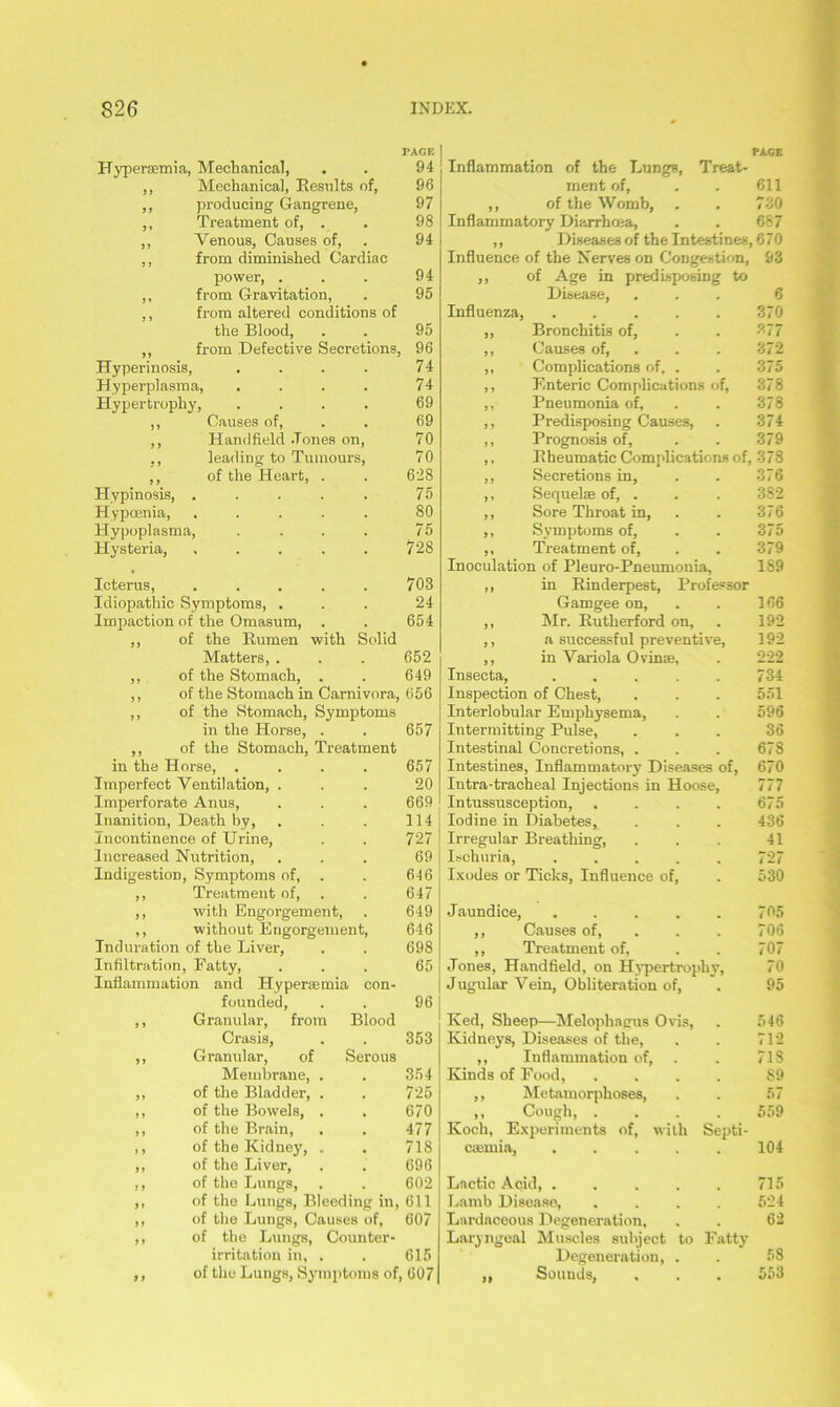 Hyperfemia, Mechanical, I'ACF. 94 Inflammation of the Lungs, Treat- PAGE > > Mechanical, Results of, 96 ment of, 611 yy producing Gangrene, 97 ,, of the Womb, 730 5 » Treatment of, . Venous, Causes of, 98 Inflammatory Diarrhoea, 687 > » 94 ,, Diseases of the Intestines, 670 J y from diminished Cardiac Influence of the Nerves on Congestion, 93 power, . 94 ,, of Age in predisposing to j » from Gravitation, 95 Disease, 6 j » from altered conditions of Influenza, ..... 370 the Blood, 95 ,, Bronchitis of, 377 i 1 from Defective Secretions, 96 ,, Causes of, ,, Complications of, . 372 Hyperinosis, .... 74 375 Hyperplasma, .... 74 ,, Enteric Complications of. 378 Hypertrophy, .... 69 ,, Pneumonia of, 378 ) J Causes of, 69 ,, Predisposing Causes, 374 J J Handfield .Tones on, 70 ,, Prognosis of, 379 • > leading to Tumours, 70 ,, Rheumatic Complications of, 378 j j of the Heart, . 628 ,, Secretions in. 376 Hypinosis, ..... 75 ,, Sequelae of, . 382 Hypcenia, . 80 ,, Sore Throat in, 376 Hypoplasma, .... 75 ,, Symptoms of. 375 Hysteria, , , , , , 728 ,, Treatment of, 379 Inoculation of Pleuro-Pneumonia, 189 Icterus, • . . . • 703 ,, in Rinderpest, Professor Idiopathic Symptoms, . 24 Gamgee on, 166 Impaction of the Omasum, . 654 ,, Mr. Rutherford on, 192 )> of the Rumen with Solid ,, a successful preventive. 192 Matters, . 652 ,, in Variola Ovin®, 222 J * of the Stomach, . 649 Insecta, ..... 734 >> of the Stomach in Carnivora, 656 Inspection of Chest, 551 > > of the Stomach, Symptoms Interlobular Emphysema, 596 in the Horse, . 657 Intermitting Pulse, 36 J f of the Stomach, Treatment Intestinal Concretions, . 678 in the Horse, .... 657 Intestines, Inflammatory Diseases of, 670 Imperfect Ventilation, . 20 Intra-tracheal Injections in Hoose, 777 Imperforate Anus, 669 Intussusception, .... Iodine in Diabetes, 675 Inanition, Death by. 114 436 Incontinence of Urine, 727 Irregular Breathing, 41 Increased Nutrition, 69 Ischuria, ..... 727 Indigestion, Symptoms of, . 646 Ixodes or Ticks, Influence of, 530 i > Treatment of, . 647 J > with Engorgement, 649 Jaundice, ..... 705 ♦ > without Engorgement, 646 ,, Causes of, 706 Induration of the Liver, 698 ,, Treatment of, 707 Infiltration, Fatty, 65 Jones, Handfield, on Hypertrophy, 70 Inflammation and Hyperaemia con- Jugular Vein, Obliteration of, 95 founded, 96 J » Granular, from Blood Ked, Sheep—Melophagus Ovis, 546 Crasis, 353 Kidneys, Diseases of the, 712 y y Granular, of Serous ,, Inflammation of, . 718 Membrane, . 354 Kinds of Food, .... 89 j» of the Bladder, . 725 ,, Metamorphoses, 57 >» of the Bowels, . 670 ,, Cough, .... Koch, Experiments of, with Septi- 559 »> of the Brain, 477 > > of the Kidney, . 718 cunnia, ..... 104 yy of the Liver, 696 j > of the Lungs, 602 Lactic Acid, ..... 715 >> of the Lungs, Bleeding in, 611 Lamb Disease, .... 524 >> of the Lungs, Causes of, 607 Lardaceous Degeneration, 62 y y of the Lungs, Counter- Laryngeal Muscles subject to Fatty irritation in, . 615 Degeneration, . 58 9 y of the Lungs, Symptoms of, 607 ,, Sounds, 553