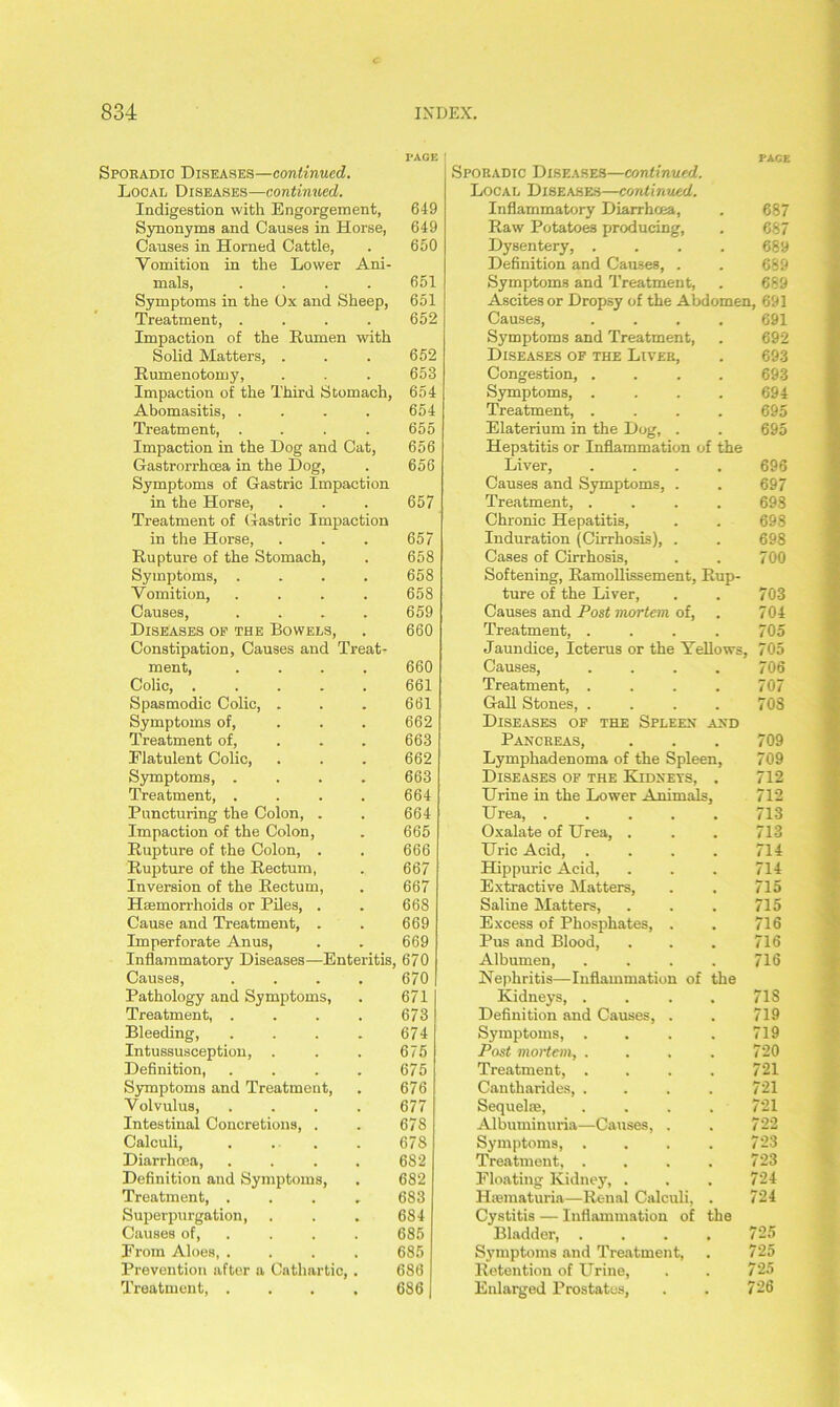I'AGE Sporadic Diseases—continued. Local Diseases—continued. Indigestion with Engorgement, 649 Synonyms and Causes in Horse, 649 Causes in Horned Cattle, . 650 Yomition in the Lower Ani- mals, .... 651 Symptoms in the Ox and Sheep, 651 Treatment, .... 652 Impaction of the Rumen with Solid Matters, . . . 652 Rumenotomy, . . . 653 Impaction of the Third Stomach, 654 Abomasitis, .... 654 Treatment, . . . . 655 Impaction in the Dog and Cat, 656 Gastrorrhoea in the Dog, . 656 Symptoms of Gastric Impaction in the Horse, . . . 657 Treatment of Gastric Impaction in the Horse, . . . 657 Rupture of the Stomach, . 658 Symptoms, . . . . 658 Vomition, .... 658 Causes, .... 659 Diseases of the Bowels, . 660 Constipation, Causes and Treat- ment, .... 660 Colic, ..... 661 Spasmodic Colic, . . . 661 Symptoms of, . . . 662 Treatment of, . . . 663 Flatulent Colic, . . . 662 Symptoms, .... 663 Treatment, . . . . 664 Puncturing the Colon, . . 664 Impaction of the Colon, . 665 Rupture of the Colon, . . 666 Rupture of the Rectum, . 667 Inversion of the Rectum, . 667 Hsemorrhoids or Piles, . . 668 Cause and Treatment, . . 669 Imperforate Anus, . . 669 Inflammatory Diseases—Enteritis, 670 Causes, .... 670 Pathology and Symptoms, . 671 Treatment, . . . . 673 Bleeding, . . . . 674 Intussusception, . . . 675 Definition, . . . . 675 Symptoms and Treatment, . 676 Volvulus, .... 677 Intestinal Concretions, . Calculi, . .. Diarrhoea, . . . . Definition and Symptoms, Treatment, . Superpurgation, Causes of, From Aloes, . . . . Prevention after a Cathartic, . Treatment, . 678 678 682 682 683 684 685 685 686 686 PAGE Sporadic Diseases—continued. Local Diseases—continued. Inflammatory Diarrhcea, . 687 Raw Potatoes producing, . 687 Dysentery, .... 689 Definition and Causes, . . 689 Symptoms and Treatment, . 689 Ascites or Dropsy of the Abdomen, 691 Causes, .... 691 Symptoms and Treatment, . 692 Diseases of the Liver, . 693 Congestion, .... 693 Symptoms, . . . . 694 Treatment, .... 695 Elaterium in the Dog, . . 695 Hepatitis or Inflammation of the Liver, .... 696 Causes and Symptoms, . . 697 Treatment, .... 698 Chronic Hepatitis, . . 698 Induration (Cirrhosis), . . 698 Cases of Cirrhosis, . . 700 Softening, Ramollissement, Rup- ture of the Liver, . . 703 Causes and Post mortem of, . 704 Treatment, . . . . 705 Jaundice, Icterus or the Yellows, 705 Causes, .... 706 Treatment, .... 707 Gall Stones, . . . . 708 Diseases of the Spleen and Pancreas, . . . 709 Lymphadenoma of the Spleen, 709 Diseases of the Kidnets, . 712 Urine in the Lower Animals, 712 Urea, ..... Oxalate of Urea, . Uric Acid, .... Hippuric Acid, Extractive Matters, Saline Matters, Excess of Phosphates, . Pus and Blood, Albumen, .... Nephritis—Inflammation of the Kidneys, .... Definition and Causes, . Symptoms, .... Post mortem, .... Treatment, .... Cantharides, .... Sequelae, .... Albuminuria—Causes, . Symptoms, .... Treatment, .... Floating Kidney, . 713 713 714 714 715 715 716 716 716 718 719 719 720 721 721 721 722 723 723 724 Hiematuria—Renal Calculi, . 724 Cystitis — Inflammation of the Bladder 725 Symptoms and Treatment, . 725 Retention of Urine, . . 725 Enlarged Prostates, . . 726