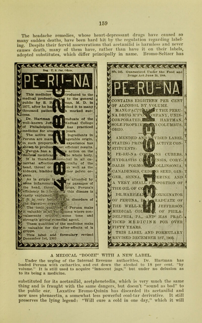 The headache remedies, whose heart-depressant drugs have caused so many sudden deaths, have been hard hit by the regulation regarding label- ing.' Despite their fervid asseverations that acetanilid is harmless and never causes death, many of them have, rather than have it on their labels, adopted substitutes, which differ principally in name. Bromo-Seltzer has Reg. U. 8. r*t. Oflice. This medicine ^ medical profess! or public by S. 1877, after he ha<H thousand patien(| cess. . Dr. Hartman ■ well-known Jefffl of Philadelphia,™ medicine for ovea The active meJ Peruna are main! in such proporti * shown to j>roducd| Reruns has a I mucous metnbrail It is thereforeP tarrhal affectiona head, throat or I kidneys,, bladder! gans. As la grippe is stirme inflammati(| the head, throat lleyiat? traduced to the to the general (ribed It to many h marked suc- Braduate of the dedical College has practiced tttH years. «H ingredients in ■vegetable origin, rs experience' has |aost efficient results. action on the b ^^.he whole body, ■remedial in all ca- Becially of the as well as the ther pelvic or- j^s attended by he passages of lungs, Peruna’3 j this disease is efficiency in easily explaincd.-'jff -*¥.:• % It is . very .beneficialgln disorders of Die digestivevorgahsT^j-^ • The ‘ tonic qualities^'of Peruna make it valuable inwall 'sucfecascs where con- valescents require - some tone and strength giving remedial agent. These qualities of the medicine make it valuable for the after-effects of la grippe. This label and ' formulary revised December 1st, 1905 | Nb. 246. Guaranteed Under the Food and .Drugs Act June 30. 190fi. CONTAINS EIGHTEEN PER CENT OF ALCOHOL BY VOLUME. MANUFACTU NA DRUG M'F'Ct? CORPORATED, SOLE PROPRIE OHIO. AMENDED AN, STATING PRIN STITUENTS: pe-ru-na cm. HYDRASTIS C\ DALIS FORMO Y THE PERU- MPANY, UNIN- IIARTMAN, N COLUMBUS, IS ED LABEL ACTIVE CON- NS CUBEBS. 5NSIS, CORY- jOLLINSONIA, CANADENSIS, CEDqfN SEED, GIN-\ 'l| GBR, SENNA, | A VERY SMALL ^ THE OIL OF C DR.IlARiMA OF PERUNA, I THE WELL-K MEDICAL COT pERINE AND > PORTION OF ORIGINATOR RADUATE OF JEFFERSON OF PHILA- DELPHIA, PA„ AND HAS PRAC- TICED MEDICINE FOR OVER FIFTY YEARS. THIS LABEL AND FORMULARY REVISED DECEMBER 1ST, 1905. A MEDICAL “BOOZE” WITH A NEW LABEL. Under the urging of the Internal Revenue authorities, Dr. Hartman has loaded Peruna with cathartics, and cut down the alcohol to 18 per cent, “by volume.” It is still used to acquire “innocent jags,” but under no delusion as to its being a medicine. substituted for its acetanilid, acetphenetedin, which is very much the same thing and is fraught with the same dangers, but doesn’t “sound as bad” to the public ear. Laxative Bromo-Quinin has discarded its acetanilid and now uses phenacetin, a somewhat less powerful coal-tar derivative. It still preserves the lying legend: “Will cure a cold in one day,” which it will