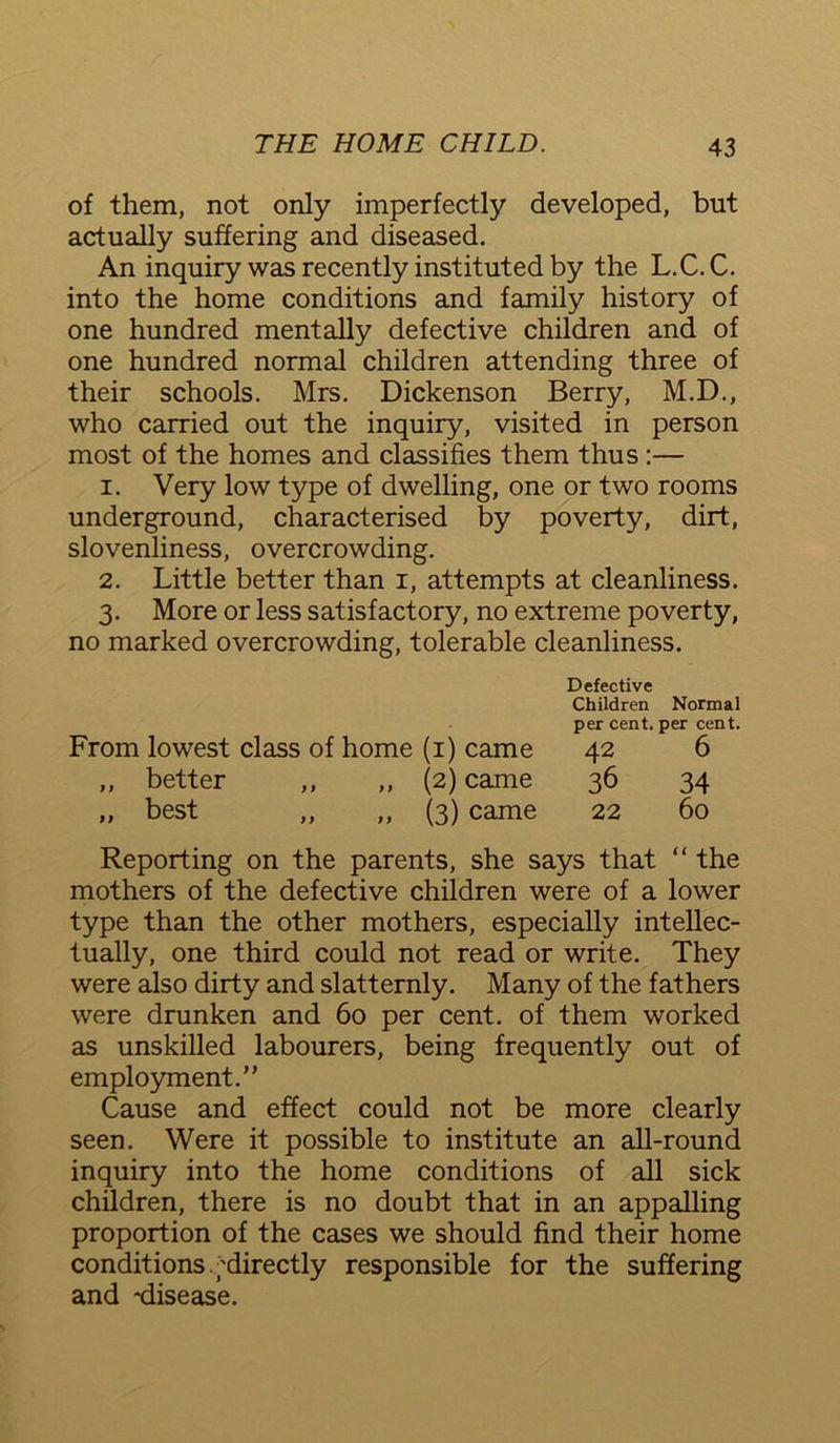 of them, not only imperfectly developed, but actually suffering and diseased. An inquiry was recently instituted by the L.C.C. into the home conditions and family history of one hundred mentally defective children and of one hundred normal children attending three of their schools. Mrs. Dickenson Berry, M.D., who carried out the inquiry, visited in person most of the homes and classifies them thus :— 1. Very low type of dwelling, one or two rooms underground, characterised by poverty, dirt, slovenliness, overcrowding. 2. Little better than i, attempts at cleanliness. 3. More or less satisfactory, no extreme poverty, no marked overcrowding, tolerable cleanliness. From lowest class of home (1) came Defective Children Normal per cent, per cent. 42 6 ,, better ,, ,, (2) came 36 34 „ best „ „ (3) came 22 60 Reporting on the parents, she says that “ the mothers of the defective children were of a lower type than the other mothers, especially intellec- tually, one third could not read or write. They were also dirty and slatternly. Many of the fathers were drunken and 60 per cent, of them worked as unskilled labourers, being frequently out of employment.” Cause and effect could not be more clearly seen. Were it possible to institute an all-round inquiry into the home conditions of all sick children, there is no doubt that in an appalling proportion of the cases we should find their home conditions./'directly responsible for the suffering and -disease.