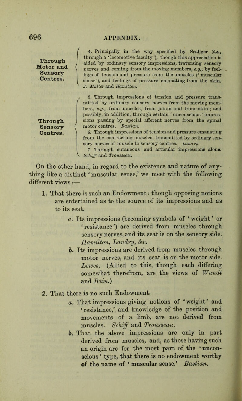 4. Principally in the way specified by Scaliger through a ‘locomotive faculty’), though this appreciation is aided by ordinary sensory impressions, traversing sensory nerves and coming from the moving members, e.g., by feel- ings of tension and pressure from the muscles (‘ muscular sense’), and feelings of pressure emanating from the skin. J. Muller and Hamilton. 5. Through impressions of tension and pressure trans- mitted by ordinary sensory nerves from the moving mem- bers, e.g., from muscles, from joints and from skin ; and possibly, in addition, through certain ‘ unconscious ’ impres- sions passing by special afferent nerves from the spinal motor centres. Bastian. 6. Through impressions of tension and pressure emanating from the contracting muscles, transmitted by ordinary sen- sory nerves of muscle to sensory centres. Landry. T. Through cutaneous and articular impressions alone. Schiff and Trousseau. On the other hand, in regard to the existence and nature of any- thing like a distinct ‘ muscular sense,’ we meet with the following different views:— 1. That there is such an Endowment: though opposing notions are entertained as to the source of its impressions and as to its seat. а. Its impressions (becoming symbols of ‘ weight ’ or ‘ resistance ’) are derived from muscles through sensory nerves, and its seat is on the sensory side. Hamilton, Landry, &c. б. Its impressions are derived from muscles through motor nerves, and its seat is on the motor side. Lewes. (Allied to this, though each differing somewhat therefrom, are the views of Wundt and Bain.) 2. That there is no such Endowment. a. That impressions giving notions of ‘weight’ and ‘ resistance,’, and knowledge of the position and movements of a limb, are not derived from muscles. Schiff and Trousseau, h. That the above impressions are only in part derived from muscles, and, as those having such an origin are for the most part of the ‘ uncon- scious ’ type, that there is no endowment worthy of the name of ‘ muscular sense.’ Bastian. Througrli Motor and Sensory Centres. Througli Sensory Centres.