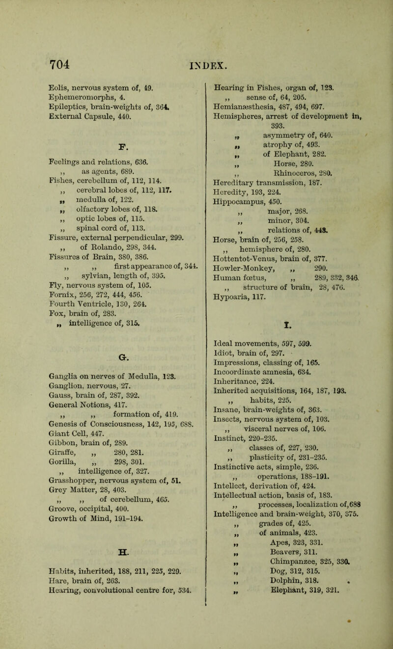 Eolis, nervous system of, 49. Ephemeromorphs, 4. Epileptics, brain-weights of, 364. External Capsule, 440. F. Feelings and relations, 636. ,, as agents, 689. Fishes, cerebellum of, 112, 114. ,, cerebral lobes of, 112, 117. „ medulla of, 122. „ olfactory lobes of, 118. ,, optic lobes of, 115. „ spinal cord of, 113. Fissure, external perpendicular, 299. „ of Rolando, 298, 344. Fissures of Brain, 380, 386. „ „ first appearance of, 344. ,, sylvian, length of, 395. Fly, nervous system of, 105. Fornix, 256, 272, 444, 456. Fourth Ventricle, 130, 264. Fox, brain of, 283. „ intelligence of, 315. a. Ganglia on nerves of Medulla, 123. Ganglion, nervous, 27. Gauss, brain of, 287, 392. General Notions, 417. ,, ,, formation of, 419. Genesis of Consciousness, 142, 195, 688. Giant Cell, 447. Gibbon, brain of, 289. Giraffe, „ 280, 281. Gorffla, „ 298, 301. „ intelligence of, 327. Grasshopper, nervous system of, 51. Grey Matter, 28, 403. „ ,, of cerebellum, 465. Groove, occipital, 400. Growth of Mind, 191-194. H. Habits, inherited, 188, 211, 225, 229. Hare, brain of, 263. Hearing, convolutional centre for, 534. Hearing in Fishes, organ of, 123. ,, sen.se of, 64, 205. Hemiansesthesia, 487, 494, 697. Hemispheres, arrest of development in, 393. ,, asymmetry of, 640. „ atrophy of, 493. „ of Elephant, 282. ,, Horse, 280. ,, Rhinoceros, 280. Hereditary transmission, 187. Heredity, 193, 224. Hippocampus, 450. ,, major, 268. ,, minor, 304. ,, relations of, 448. Horse, brain of, 256, 258. ,, hemisphere of, 280. Hottentot-Venus, brain of, 377. Howler-Monkey, ,, 290. Human foetus, ,, 289, 332,346. ,, structure of brain, 28, 476. Hypoaria, 117. I. Ideal movements, 597, 599. Idiot, brain of, 297. Impressions, classing of, 165. Incoordinate amnesia, 634. Inheritance, 224. Inherited acquisitions, 164, 187, 193. ,, habits, 225. Insane, brain-weights of, 363. Insects, nervous system of, 103. ,, visceral nerves of, 106. Instinct, 220-235. ,, classes of, 227, 230. ,, plasticity of, 231-235. Instinctive acts, simple, 236. ,, operations, 188-191. InteUect, derivation of, 424. Intellectual action, basis of, 183. „ processes, localization of,688 Intelligence and brain-weight, 370, 375. ,, grades of, 425. „ of animals, 423. „ Apes, 323, 331. „ Beavers, 311. „ Chimpanzee, 325, 330. „ Dog, 312, 315. „ Dolphin, 318. * „ Elephant, 319, 321.