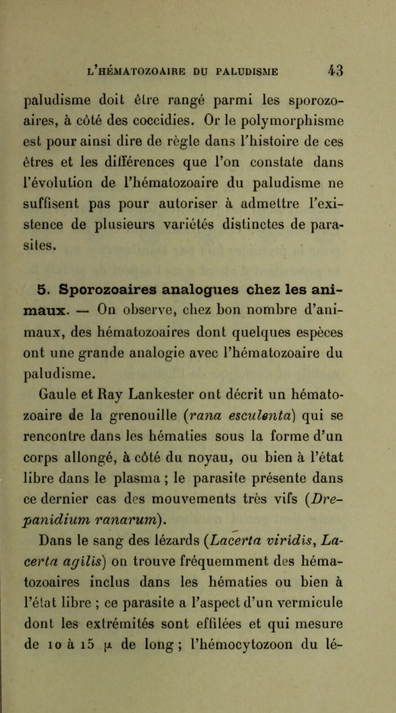 paludisme doit être rangé parmi les sporozo- aires, à côté des coccidies. Or le polymorphisme est pour ainsi dire de règle dans Thistoire de ces êtres et les dilîérences que l’on constate dans l’évolution de l’hématozoaire du paludisme ne suffisent pas pour autoriser à admettre Inexi- stence de plusieurs variétés distinctes de para- sites. 5. Sporozoaires analogues chez les ani- maux. — On observe, chez bon nombre d’ani- maux, des hématozoaires dont quelques espèces ont une grande analogie avec l’hématozoaire du paludisme. Gaule et Ray Lankester ont décrit un hémato- zoaire de la grenouille {rana esculejita] qui se rencontre dans les hématies sous la forme d’un corps allongé, à côté du noyau, ou bien à l’état libre dans le plasma ; le parasite présente dans ce dernier cas des mouvements très vifs {Dre- panidium ranarum). Dans le sang des lézards {Lacerta viridiSy La- certa agilis) on trouve fréquemment des héma- tozoaires inclus dans les hématies ou bien à l’état libre ; ce parasite a l’aspect d’un vermicule dont les extrémités sont effilées et qui mesure de 10 à i5 {Ji de long; l’hémocytozoon du lé-