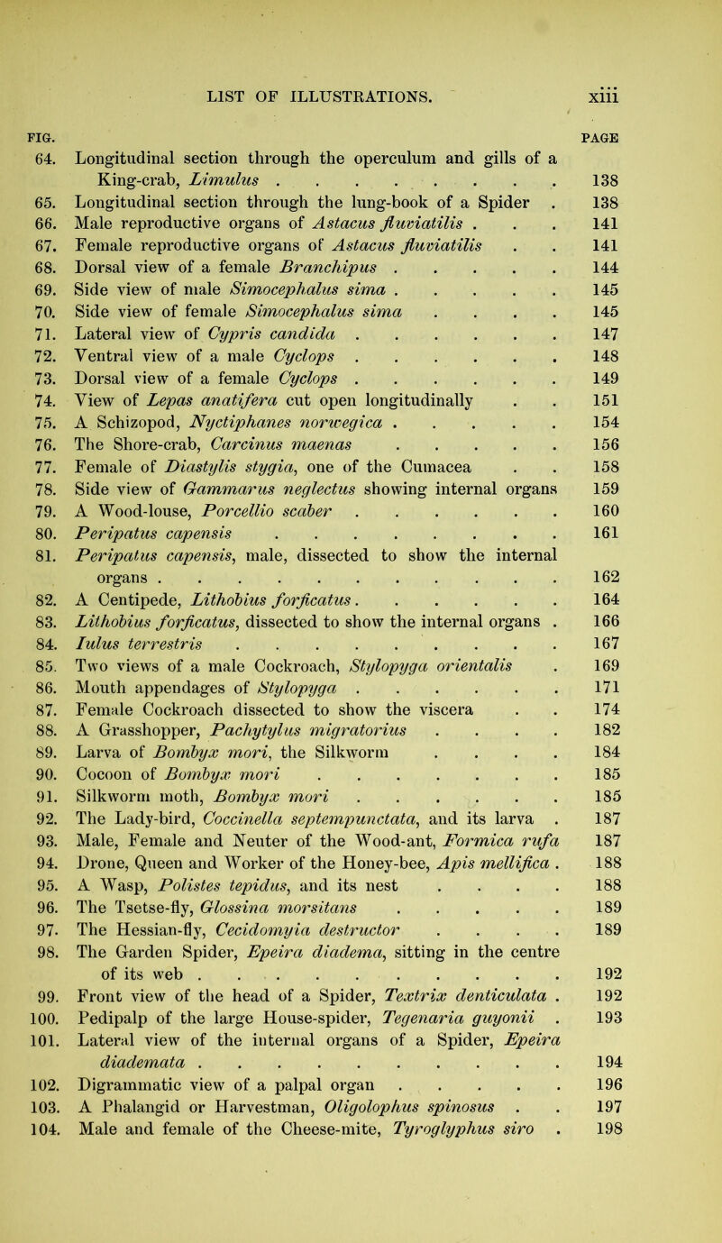 FIG. 64. Longitudinal section through the operculum and gills of a King-crab, Limulus . . . ... 65. Longitudinal section through the lung-book of a Spider . 66. Male reproductive organs of Astacus fluviatilis . 67. Female reproductive organs of Astacus fluviatilis 68. Dorsal view of a female Branchipus 69. Side view of male Simocephalus sima 70. Side view of female Simocephalus sima .... 71. Lateral view of Cypris Candida 72. Ventral view of a male Cyclops 73. Dorsal view of a female Cyclops 74. View of Lepas anatifera cut open longitudinally 75. A Schizopod, Nyctiphanes norwegica 76. The Shore-crab, Carcinus maenas 77. Female of Diastylis stygia, one of the Cumacea 78. Side view of Gammarus neglectus showing internal organs 79. A Wood-louse, Porcellio scaber 80. Peripatus capensis 81. Peripatus capensis, male, dissected to show the internal organs 82. A Centipede, Lithobius forficatus 83. Lithobius forficatus, dissected to show the internal organs . 84. lulus terrestris ......... 85. Two views of a male Cockroach, Stylopyga orientalis 86. Mouth appendages of Stylopyga 87. Female Cockroach dissected to show the viscera 88. A Grasshopper, Pachytylus migratorius .... 89. Larva of Bombyx mori, the Silkworm .... 90. Cocoon of Bombyx mori 91. Silkworm moth, Bombyx mori 92. The Lady-bird, Coccinella septempunctata, and its larva . 93. Male, Female and Neuter of the Wood-ant, Formica rufa 94. Drone, Queen and Worker of the Honey-bee, Apis mellifica . 95. A Wasp, Polistes tepidus, and its nest . . . . 96. The Tsetse-fly, Glossina morsitans 97- The Hessian-fly, Cecidomyia destructor . . . . 98. The Garden Spider, Epeira diadema, sitting in the centre of its web 99. Front view of the head of a Spider, Textrix denticulata . 100. Pedipalp of the large House-spider, Tegenaria guyonii 101. Lateral view of the internal organs of a Spider, Epeira diademata 102. Digrammatic view of a palpal organ 103. A Phalangid or Harvestman, Oligolophus spinosus . 104. Male and female of the Cheese-mite, Tyroglyphus siro PAGE 138 138 141 141 144 145 145 147 148 149 151 154 156 158 159 160 161 162 164 166 167 169 171 174 182 184 185 185 187 187 188 188 189 189 192 192 193 194 196 197 198