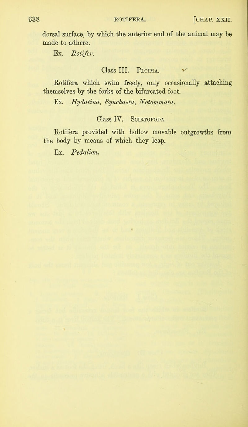 dorsal surface, by which the anterior end of the animal may be made to adhere. Ex. Rotifer. Class III. Ploima. v- Rotifera which swim freely, only occasionally attaching themselves by the forks of the bifurcated foot. Ex. Hydatina, Synchaeta, Notommata. Class IV. Scirtopoda. Rotifera provided with hollow movable outgrowths from the body by means of which they leap. Ex. Pedalion.