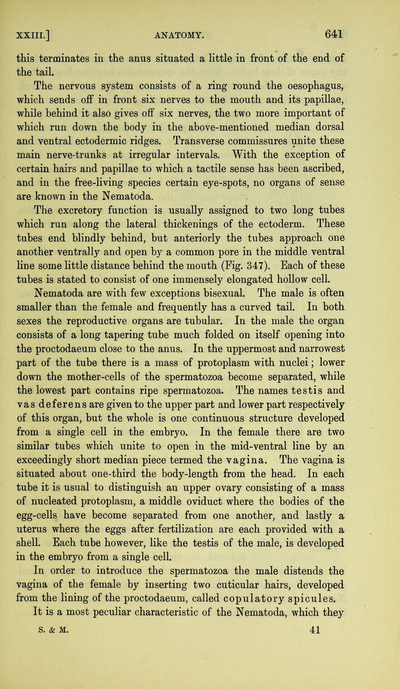 this terminates in the anns situated a little in front of the end of the tail. The nervous system consists of a ring round the oesophagus, which sends off in front six nerves to the mouth and its papillae, while behind it also gives off six nerves, the two more important of which run down the body in the above-mentioned median dorsal and ventral ectodermic ridges. Transverse commissures unite these main nerve-trunks at irregular intervals. With the exception of certain hairs and papillae to which a tactile sense has been ascribed, and in the free-living species certain eye-spots, no organs of sense are known in the Nematoda. The excretory function is usually assigned to two long tubes which run along the lateral thickenings of the ectoderm. These tubes end blindly behind, but anteriorly the tubes approach one another ventrally and open by a common pore in the middle ventral line some little distance behind the mouth (Fig. 347). Each of these tubes is stated to consist of one immensely elongated hollow cell. Nematoda are with few exceptions bisexual. The male is often smaller than the female and frequently has a curved tail. In both sexes the reproductive organs are tubular. In the male the organ consists of a long tapering tube much folded on itself opening into the proctodaeum close to the anus. In the uppermost and narrowest part of the tube there is a mass of protoplasm with nuclei; lower down the mother-cells of the spermatozoa become separated, while the lowest part contains ripe spermatozoa. The names testis and vas deferens are given to the upper part and lower part respectively of this organ, but the whole is one continuous structure developed from a single cell in the embryo. In the female there are two similar tubes which unite to open in the mid-ventral line by an exceedingly short median piece termed the vagina. The vagina is situated about one-third the body-length from the head. In each tube it is usual to distinguish an upper ovary consisting of a mass of nucleated protoplasm, a middle oviduct where the bodies of the egg-cells have become separated from one another, and lastly a uterus where the eggs after fertilization are each provided with a shell. Each tube however, like the testis of the male, is developed in the embryo from a single cell. In order to introduce the spermatozoa the male distends the vagina of the female by inserting two cuticular hairs, developed from the lining of the proctodaeum, called copul at ory spicules. It is a most peculiar characteristic of the Nematoda, which they s. & M. 41