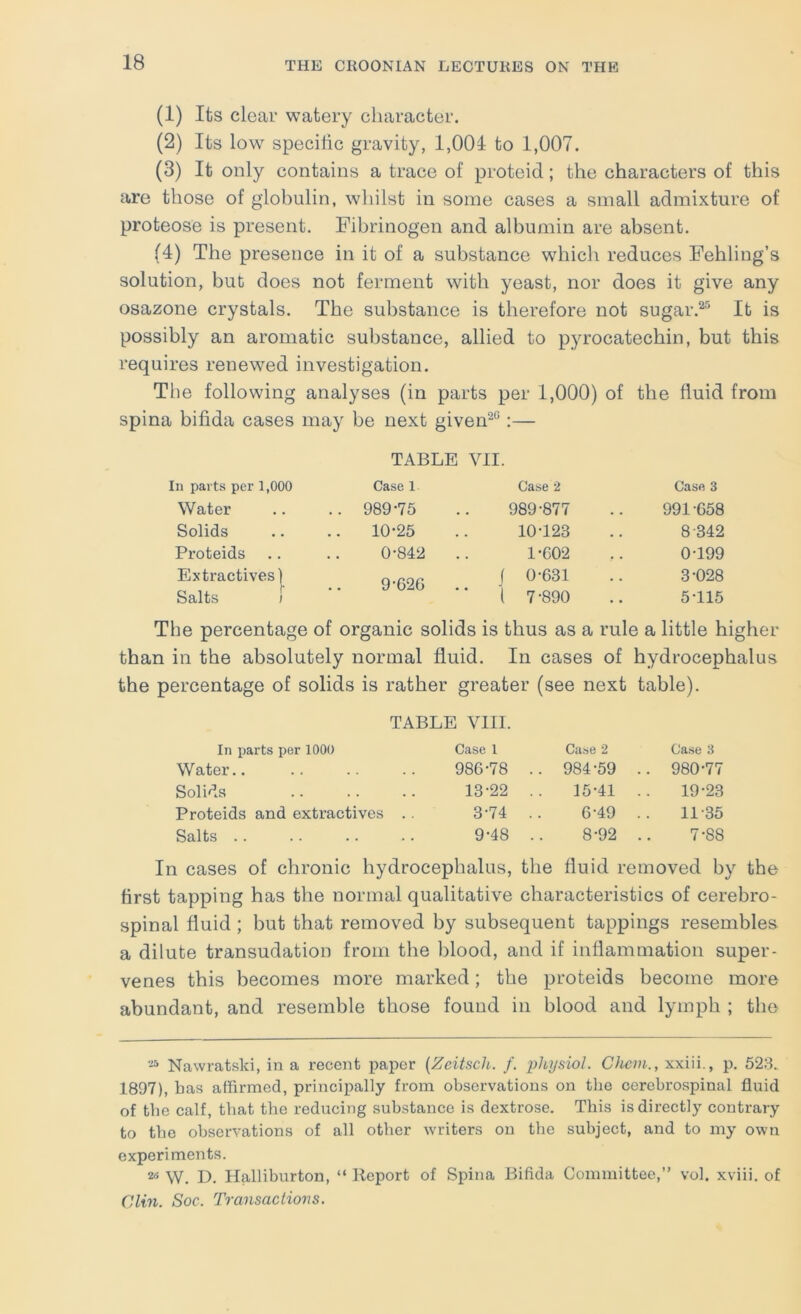 (1) Its clear watery character. (2) Its low specific gravity, 1,004 to 1,007. (3) It only contains a trace of proteid; the characters of this are those of globulin, whilst in some cases a small admixture of proteose is present. Fibrinogen and albumin are absent. (4) The presence in it of a substance whicli reduces Fehling’s solution, but does not ferment with yeast, nor does it give any osazone crystals. The substance is therefore not sugar.“ It is possibly an aromatic substance, allied to pyrocatechin, but this requires renewed investigation. The following analyses (in parts per 1,000) of the fluid from spina bifida cases may be next given^“:— TABLE VII. In parts per 1,000 Case 1 Case 2 Case 3 Water . . 989-75 989-877 991-658 Solids 10-25 10-123 8-342 Proteids 0-842 1-602 0-199 Extractives) Salts [ 9-626 j 0-631 3-028 ( 7-890 5-115 The percentage of organic solids is thus as a rule a little higher than in the absolutely normal fluid. In cases of hydrocephalus the percentage of solids is rather greater (see next table). TABLE VIII. In parts per 1000 Case 1 Case 2 Case 3 Water 986-78 .. 984-59 .. 980-77 Solids 13-22 .. 15-41 .. 19-23 Proteids and extractives .. 3-74 .. 6-49 .. 11 35 Salts 9-48 .. 8-92 .. 7-88 In cases of chronic hydrocephalus, the fluid removed by the first tapping has the normal qualitative characteristics of cerebro- spinal fluid ; but that removed by subsequent tappings resembles a dilute transudation from the lilood, and if inflammation super- venes this becomes more marked; the proteids become more abundant, and resemble those found in blood and lymph ; the Nawratsld, in a recent paper {ZeitscU. f. physiol. Chcm., xxiii., p. 523. 1897), bas affirmed, principally from observations on the cerebrospinal fluid of tbe calf, that tbe reducing substance is dextrose. Tbis is directly contrary to tbe observations of all other writers on tbe subject, and to my own experiments. a- W. D. Halliburton, “ Keport of Spina Bifida Committee,” vol. xviii. of Clm. Soc. Transactions.