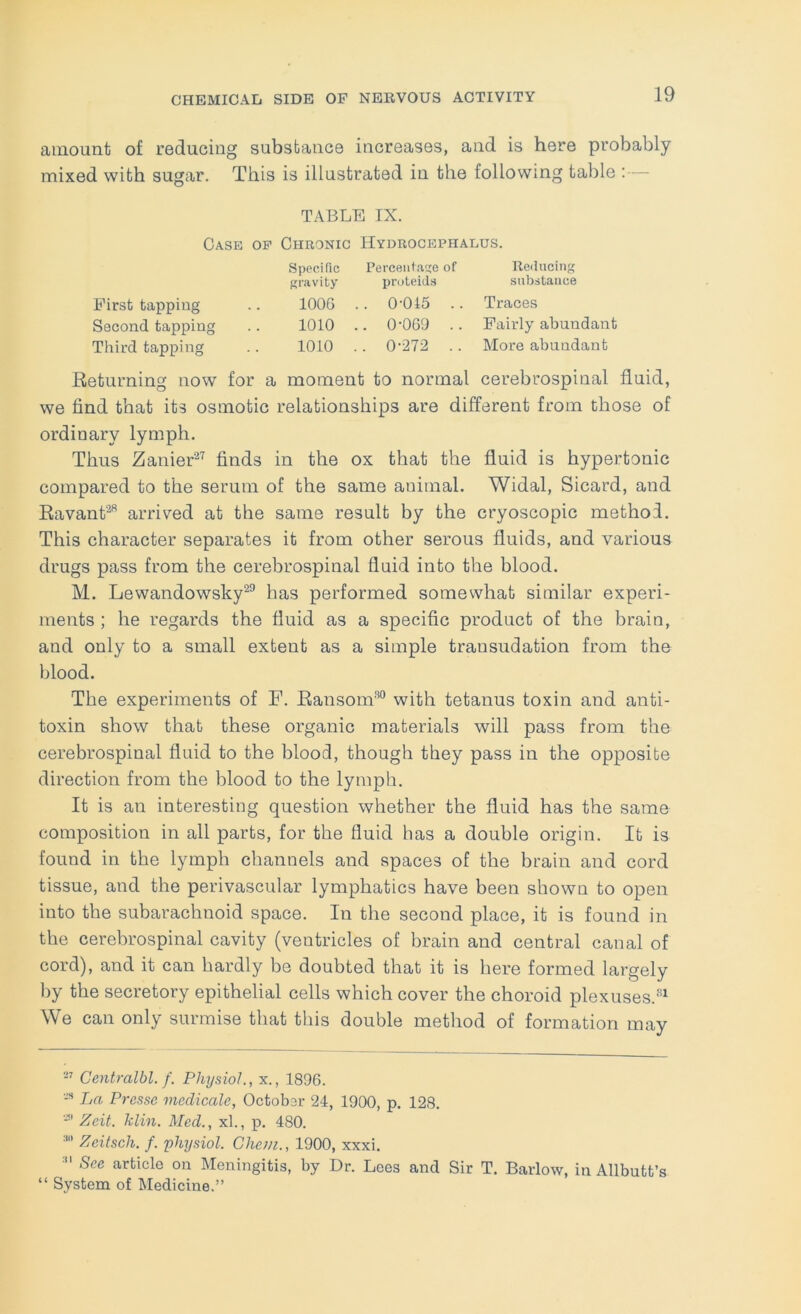 amount of reducing substance increases, and is here probably mixed with sugar. This is illustrated in the following table ;— TABLE IX. Case op Chronic Hydrocephalus. Specific Perceiilae of Reducing gravity proteids substance First tapping .. lOOG . . 0‘045 .. Traces Second tapping .. 1010 .. 0'069 .. Fairly abundant Third tapping .. 1010 . . 0-272 . . More abundant Returning now for a moment to normal cerebrospinal fluid, we find that its osmotic relationships are different from those of ordinary lymph. Thus Zanier^^ finds in the ox that the fluid is hypertonic compared to the serum of the same animal. Widal, Sicard, and Ravant^*^ arrived at the same result by the cryoscopic method. This character separates it from other serous fluids, and various drugs pass from the cerebrospinal fluid into the blood. M. Lewandowsky^^ has performed somewhat similar experi- ments ; he regards the fluid as a specific product of the brain, and only to a small extent as a simple transudation from the blood. The experiments of F. Ransom^” with tetanus toxin and anti- toxin show that these organic materials will pass from the cerebrospinal fluid to the blood, though they pass in the opposite direction from the blood to the lymph. It is an interesting question whether the fluid has the same composition in all parts, for the fluid has a double origin. It is found in the lymph channels and spaces of the brain and cord tissue, and the perivascular lymphatics have been shown to open into the subarachnoid space. In the second place, it is found in the cerebrospinal cavity (ventricles of brain and central canal of cord), and it can hardly be doubted that it is here formed largely by the secretory epithelial cells which cover the choroid plexuses.'’^ We can only surmise that this double method of formation may Centralbl. f. Physiol., x., 1896. La Presse medicale, Octobsr 24, 1900, p. 128. Zeit. klin. Med., xl., p. 480. Zeitsch. f. 'physiol. Ghem., 1900, xxxi. See article on Meningitis, by Dr. Lees and Sir T. Barlow, in Allbutt’s “ System of Medicine.”